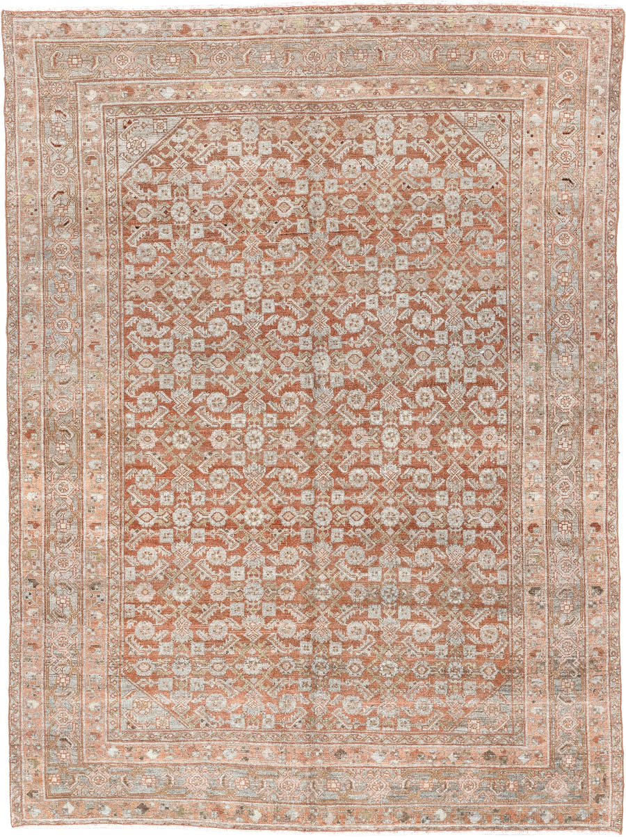4' x 6' one-of-a-kind handmade antique Senne small size rug. Color palette: terra cotta, ivory, sage, taupe, camel, brown