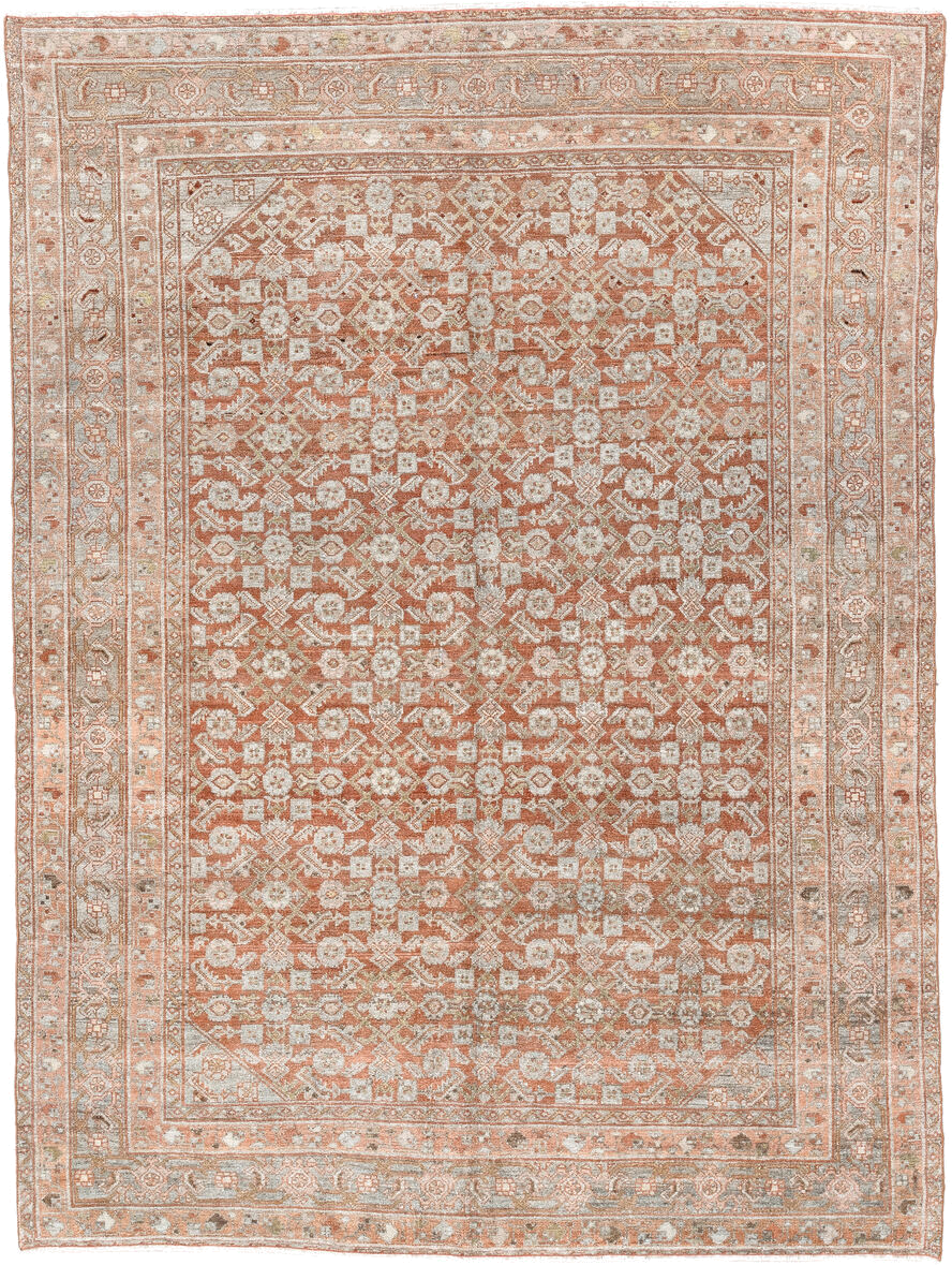 4' x 6' one-of-a-kind handmade antique Senne small size rug. Color palette: terra cotta, ivory, sage, taupe, camel, brown