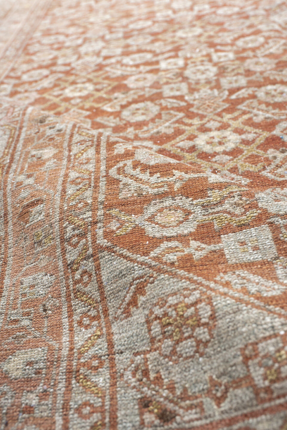 4' x 6' one-of-a-kind handmade antique Senne small size rug. Color palette: terra cotta, ivory, sage, taupe, camel, brown