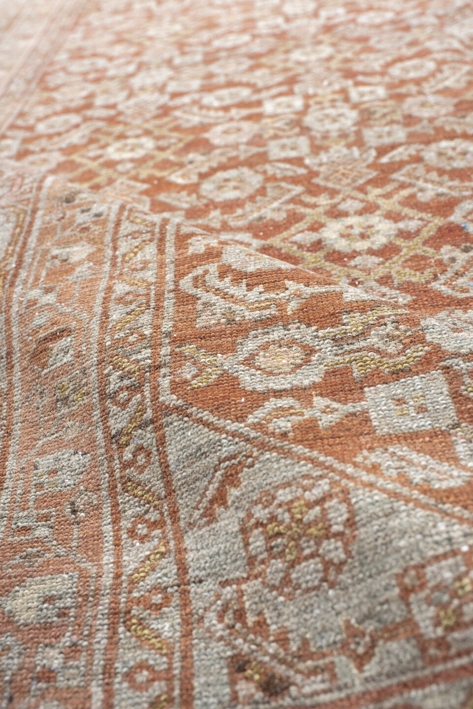 4' x 6' one-of-a-kind handmade antique Senne small size rug. Color palette: terra cotta, ivory, sage, taupe, camel, brown