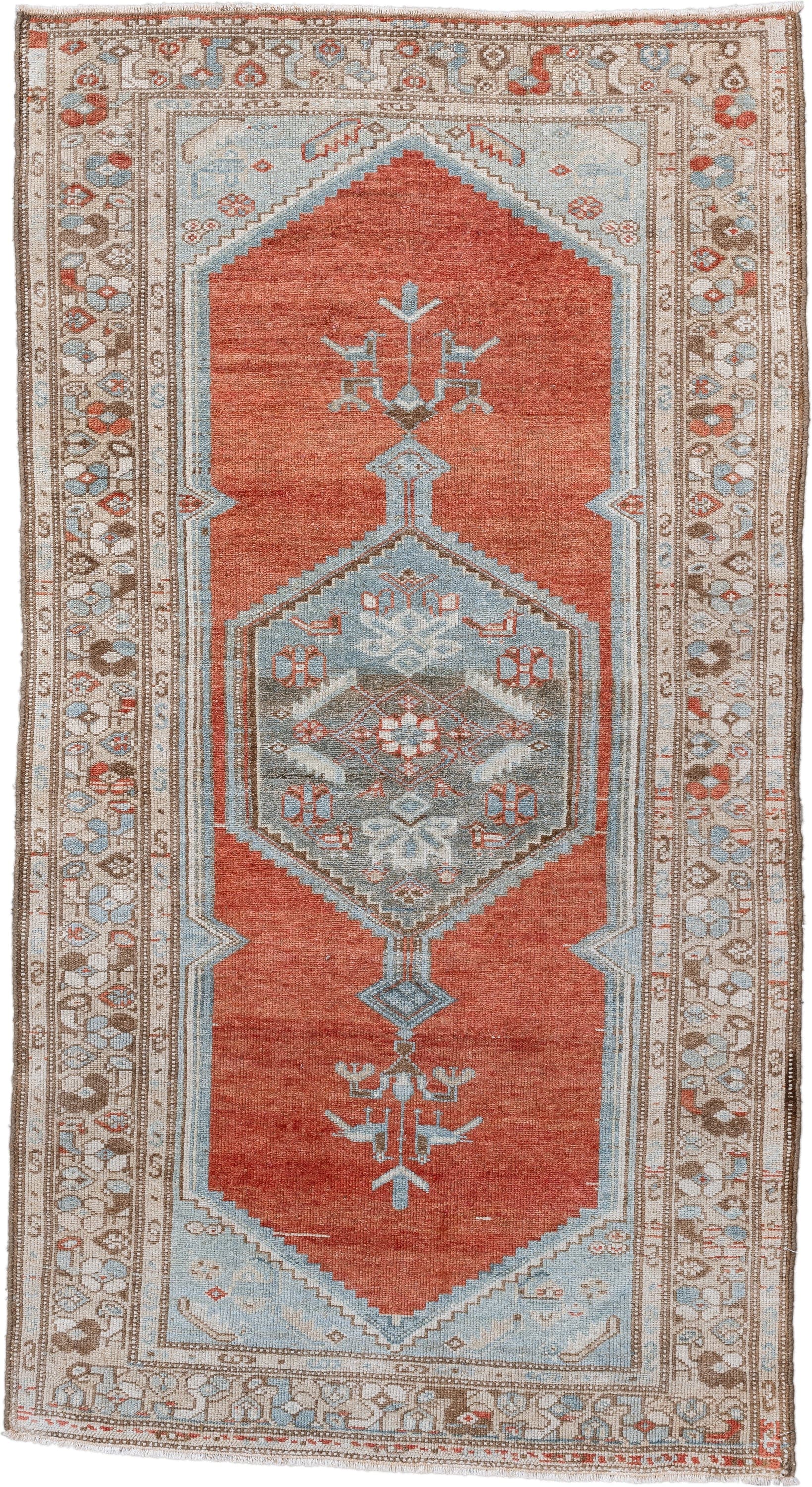 3' x 6' one-of-a-kind handmade vintage Malayer small size rug. Color palette: terra cotta, ivory, sky blue, taupe, rust