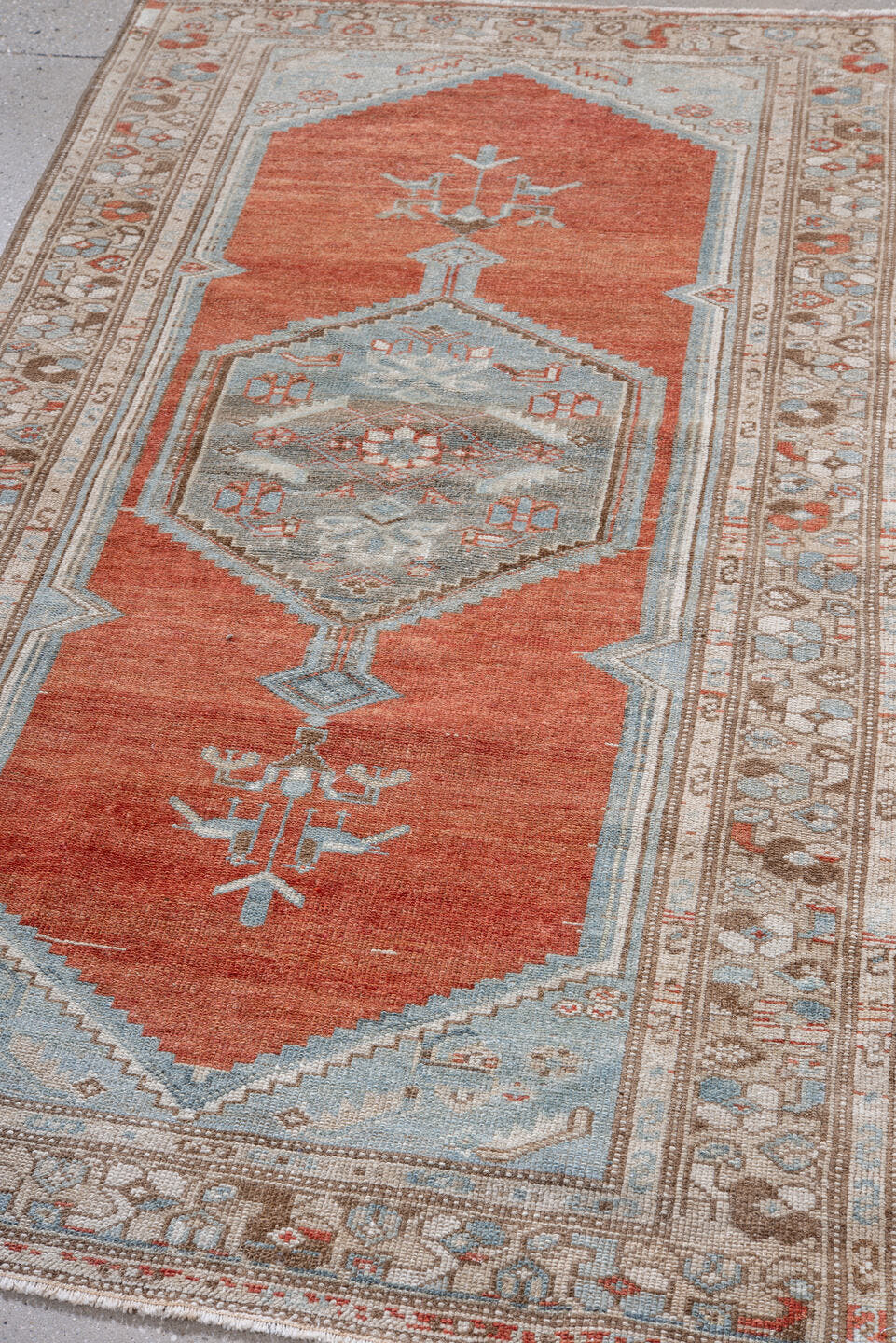 3' x 6' one-of-a-kind handmade vintage Malayer small size rug. Color palette: terra cotta, ivory, sky blue, taupe, rust