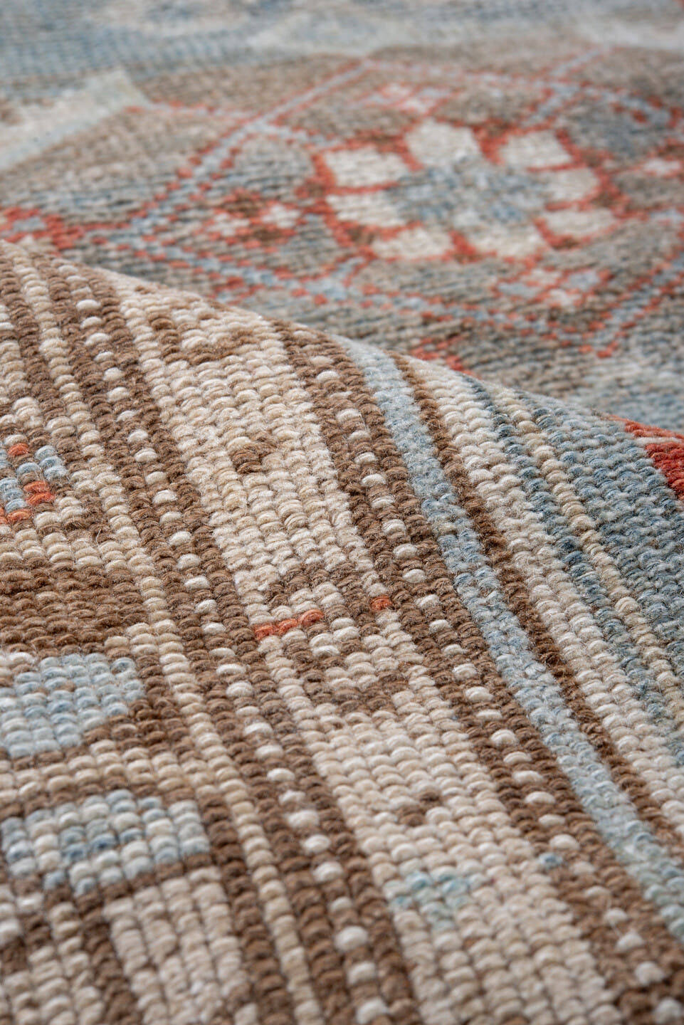 3' x 6' one-of-a-kind handmade vintage Malayer small size rug. Color palette: terra cotta, ivory, sky blue, taupe, rust
