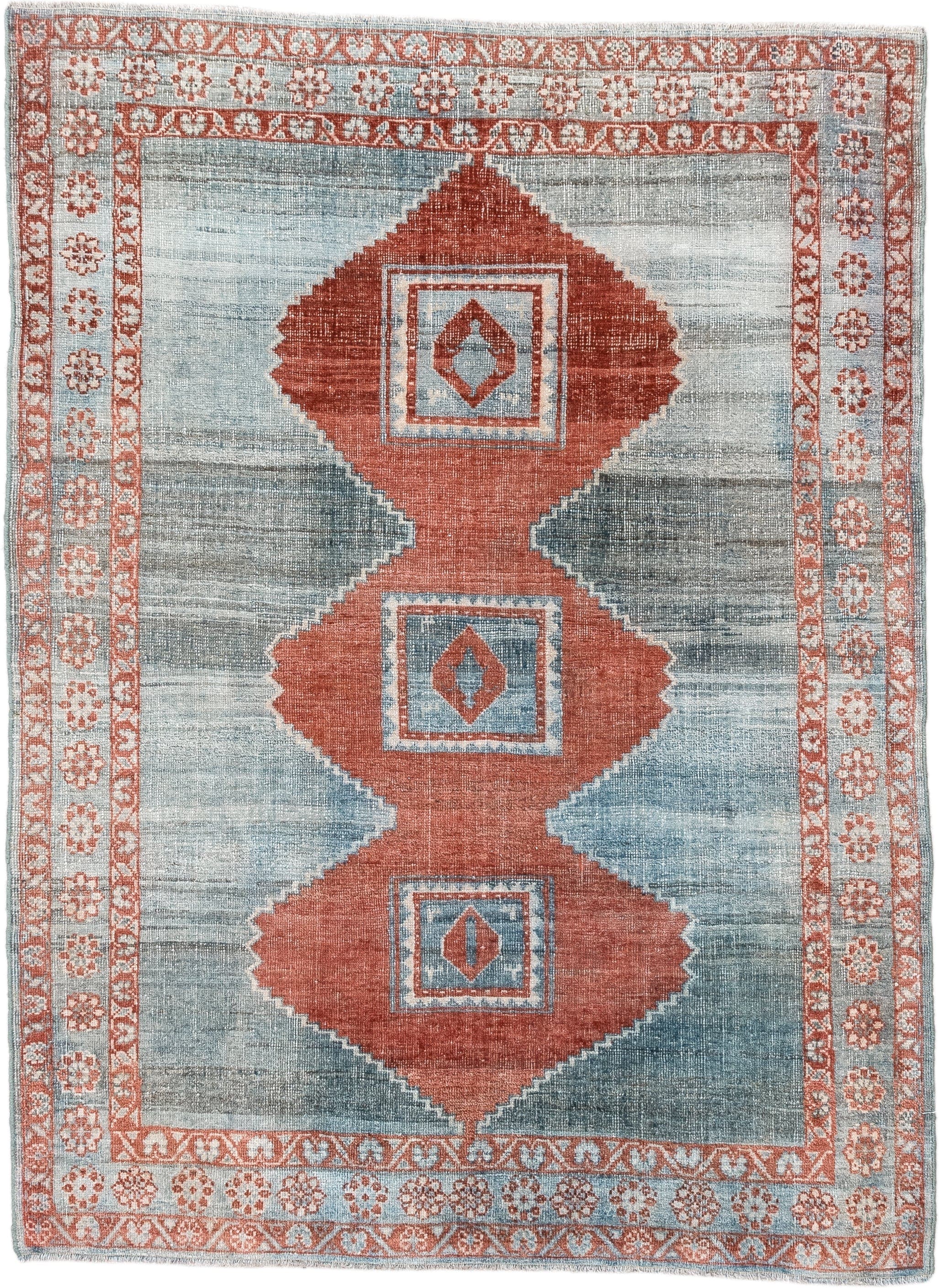 3' x 4' one-of-a-kind handmade vintage Afshar small size rug. Color palette: sky blue, ivory, rust, slate, terra cotta