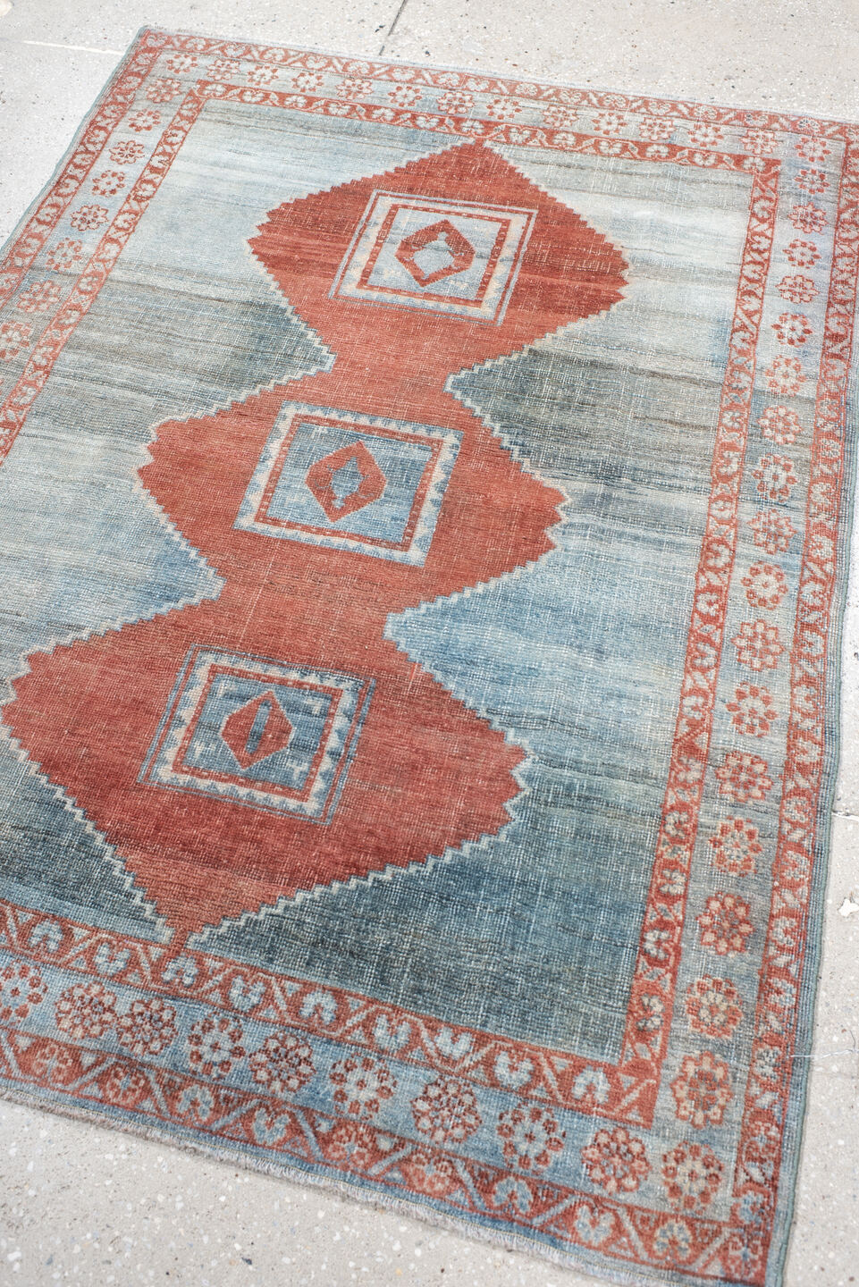 3' x 4' one-of-a-kind handmade vintage Afshar small size rug. Color palette: sky blue, ivory, rust, slate, terra cotta