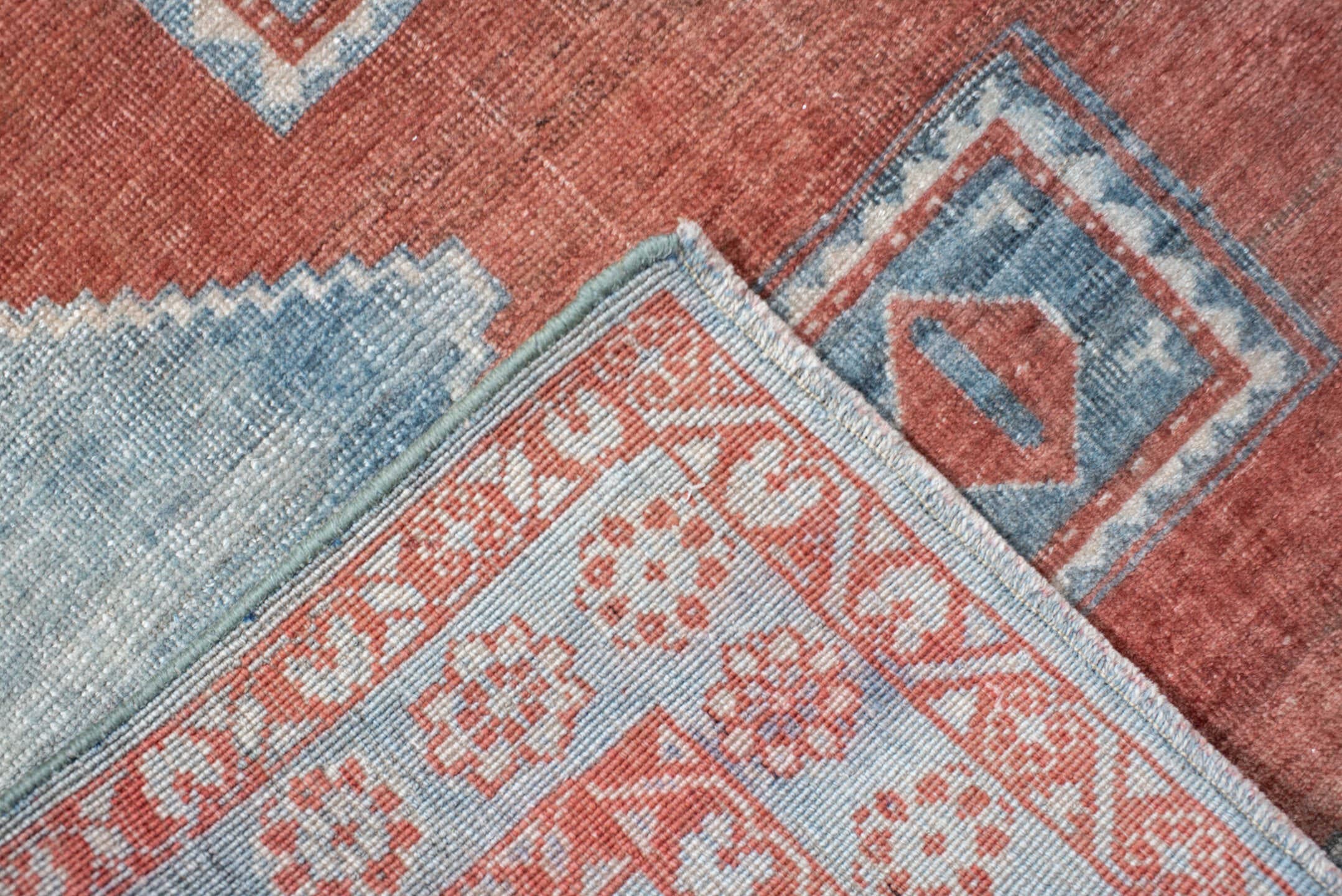 3' x 4' one-of-a-kind handmade vintage Afshar small size rug. Color palette: sky blue, ivory, rust, slate, terra cotta