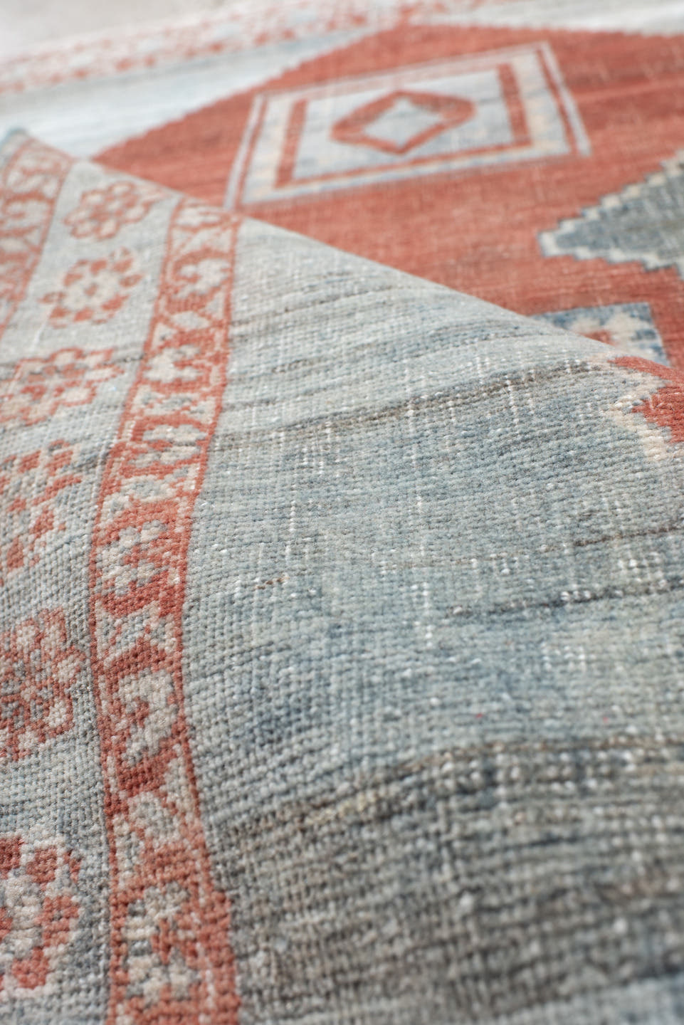 3' x 4' one-of-a-kind handmade vintage Afshar small size rug. Color palette: sky blue, ivory, rust, slate, terra cotta