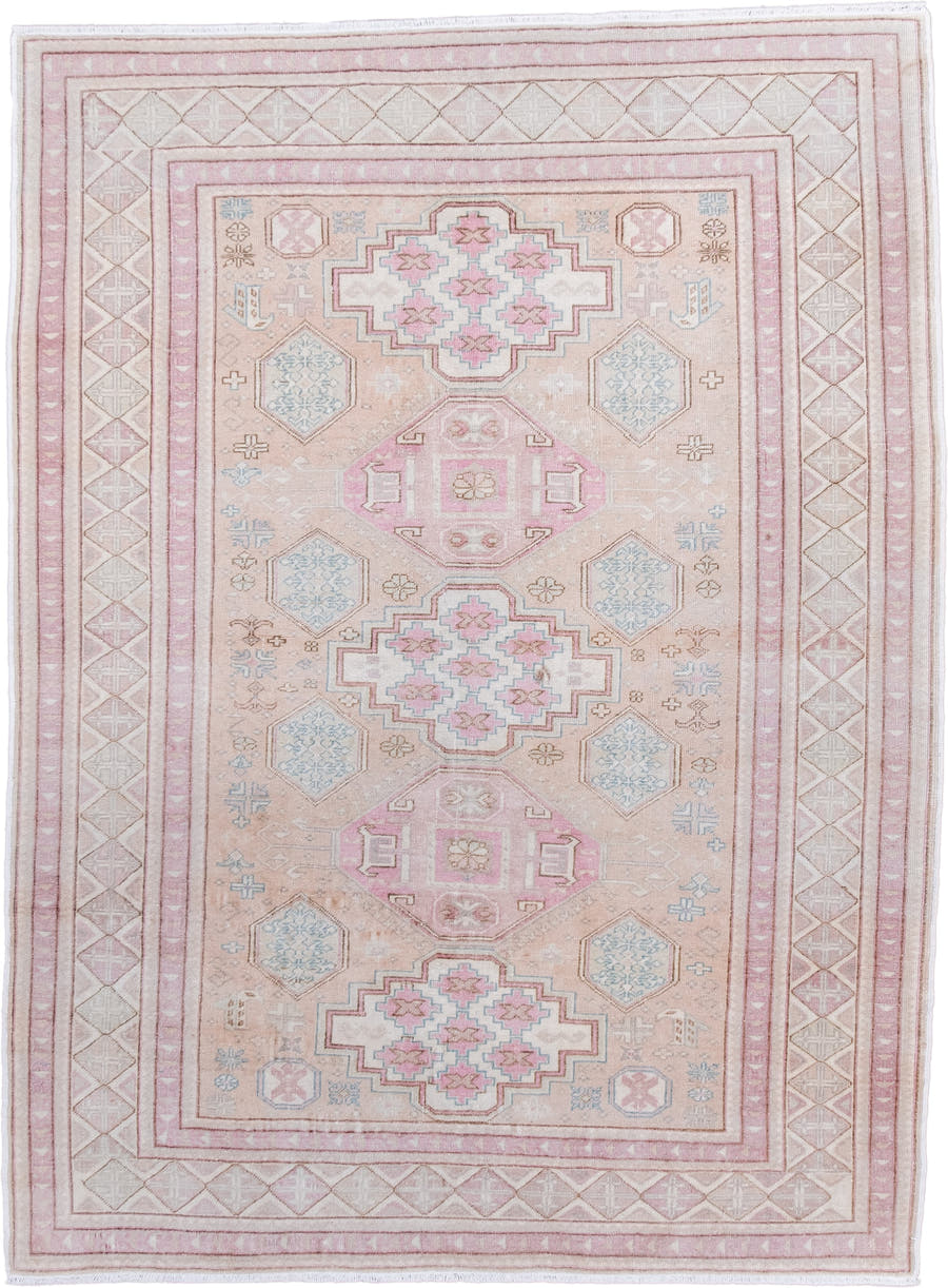 4' x 5' one-of-a-kind handmade antique Sivas small size rug. Color palette: blush, ivory, pale blue, taupe, cream, rose