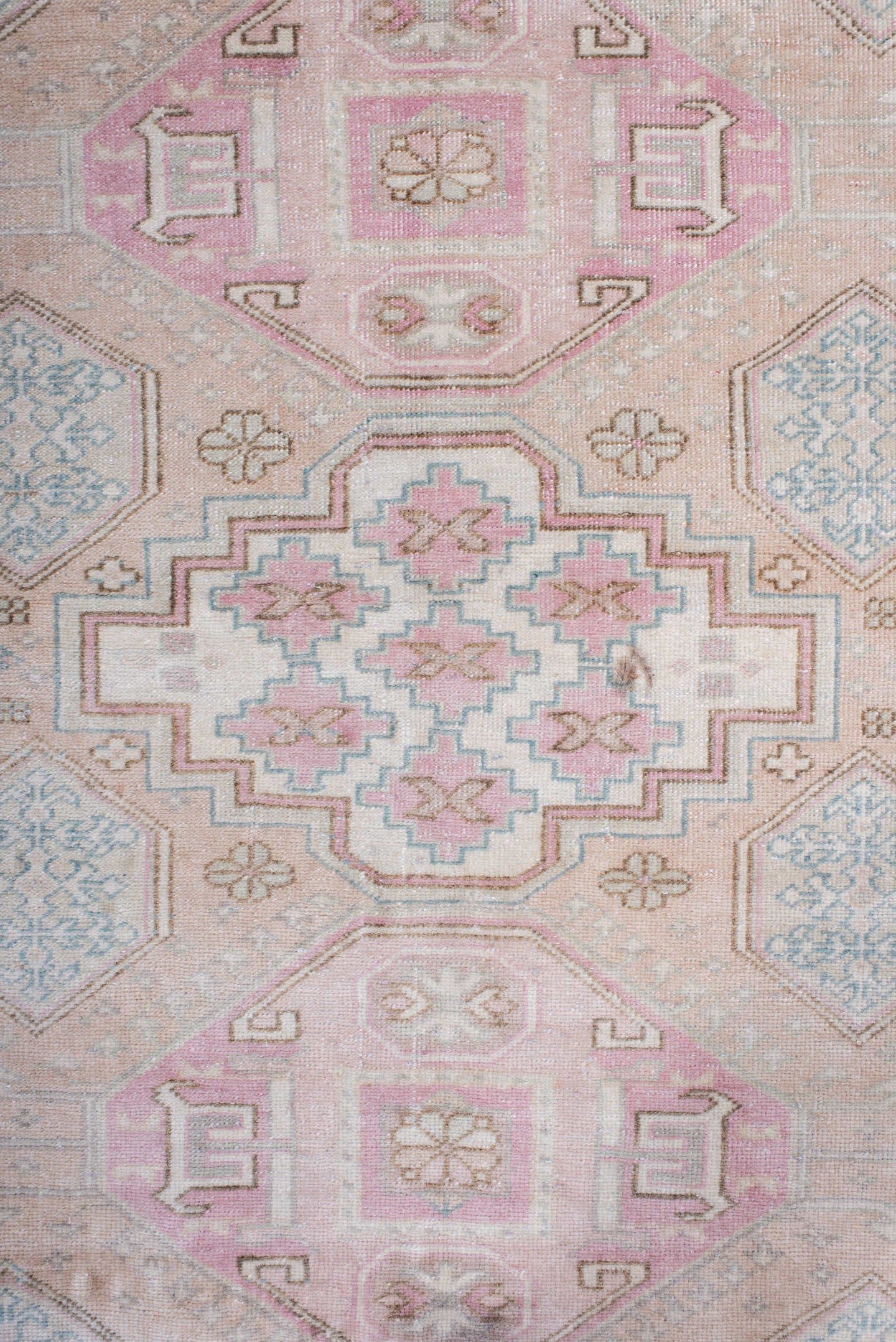 4' x 5' one-of-a-kind handmade antique Sivas small size rug. Color palette: blush, ivory, pale blue, taupe, cream, rose