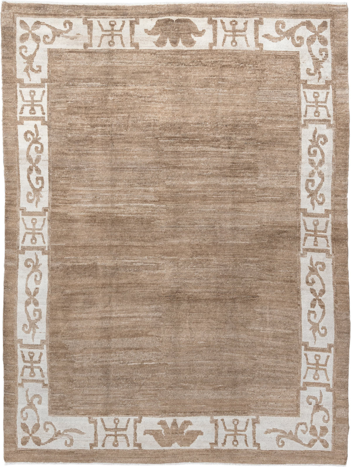 8' x 10' one-of-a-kind handmade vintage Tibetan large size rug. Color palette: camel, ivory, taupe, beige, gray
