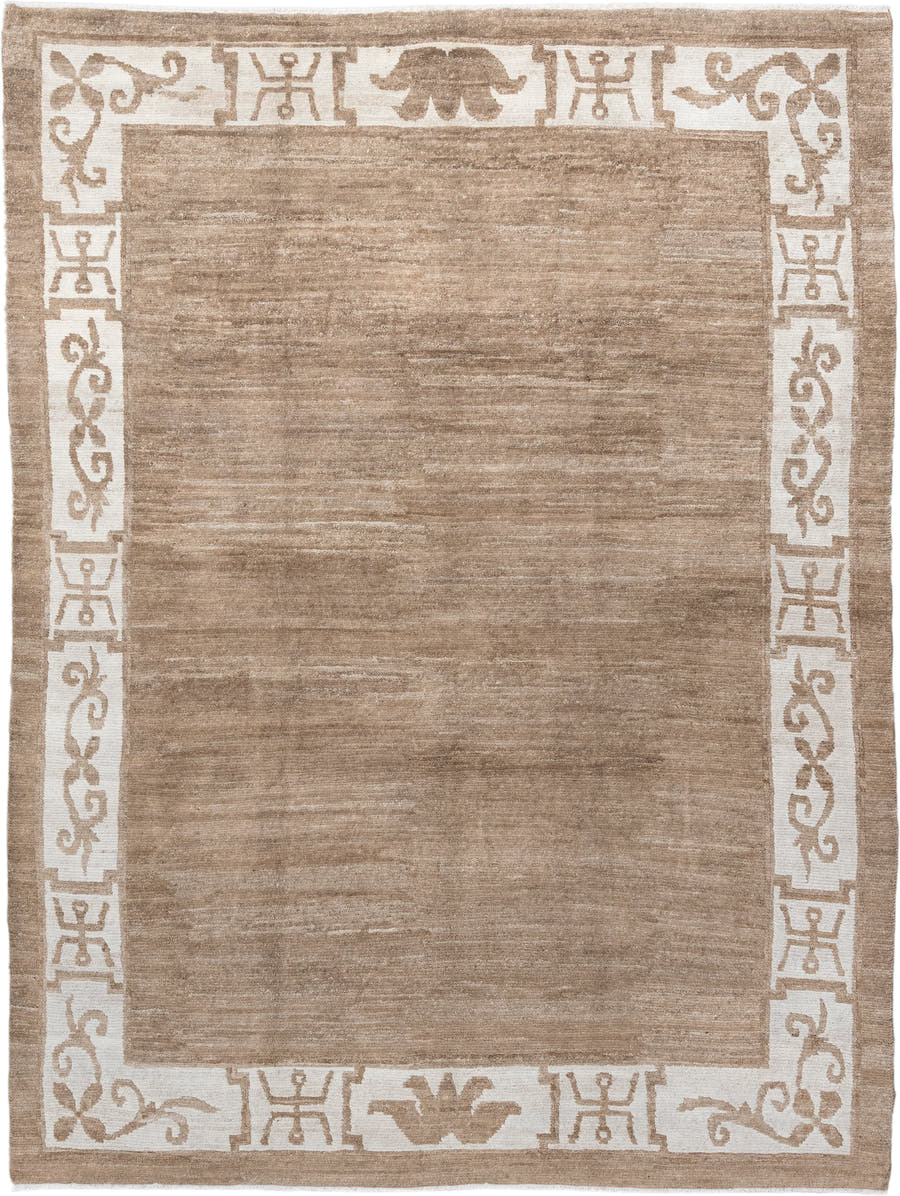 8' x 10' one-of-a-kind handmade vintage Tibetan large size rug. Color palette: camel, ivory, taupe, beige, gray