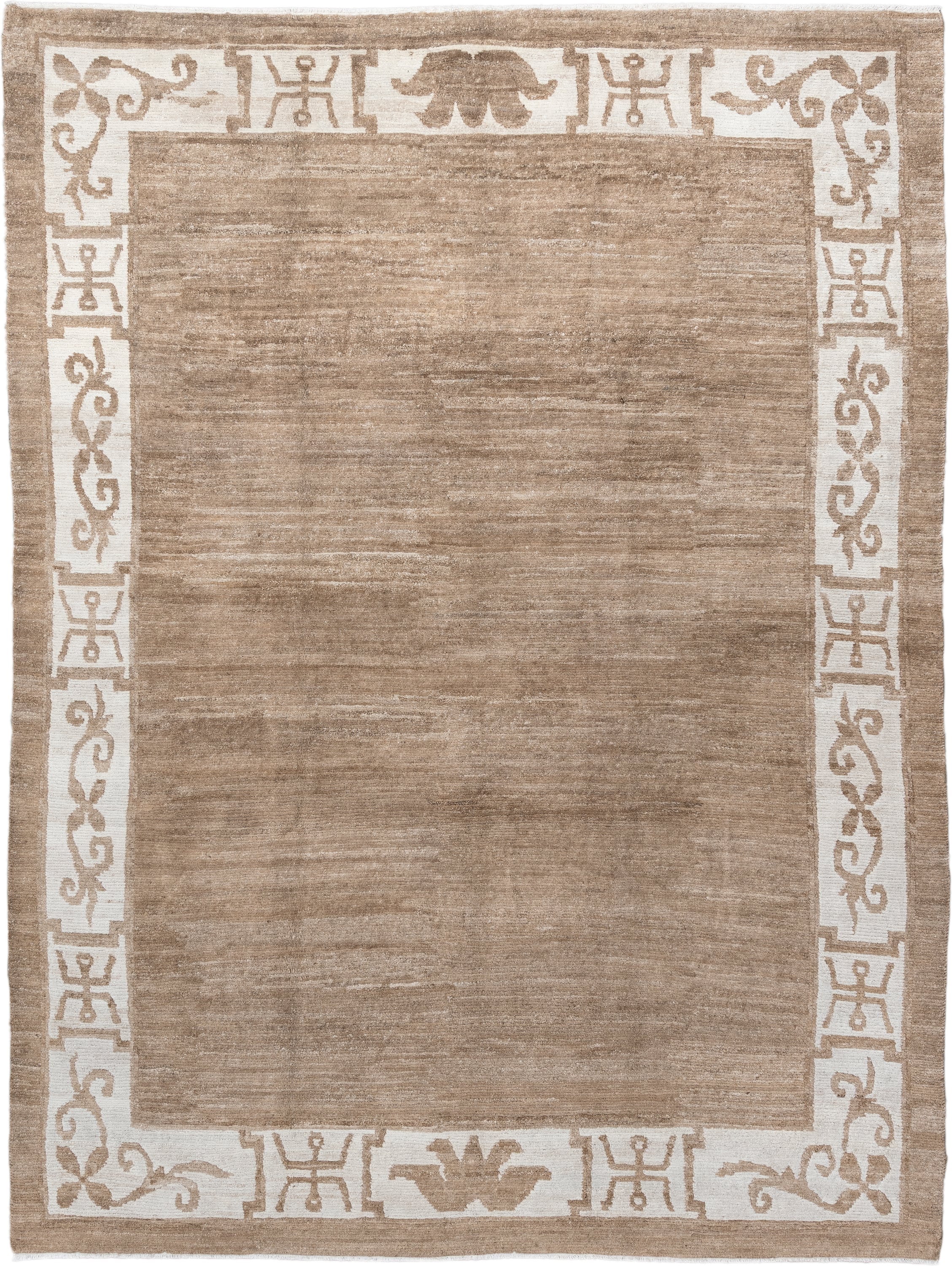 8' x 10' one-of-a-kind handmade vintage Tibetan large size rug. Color palette: camel, ivory, taupe, beige, gray
