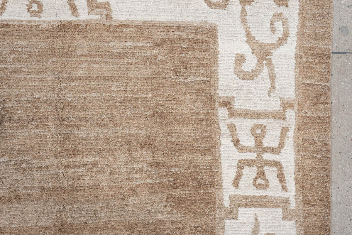8' x 10' one-of-a-kind handmade vintage Tibetan large size rug. Color palette: camel, ivory, taupe, beige, gray