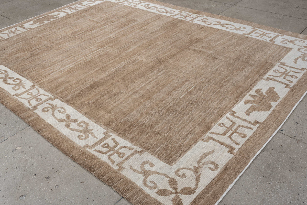 8' x 10' one-of-a-kind handmade vintage Tibetan large size rug. Color palette: camel, ivory, taupe, beige, gray