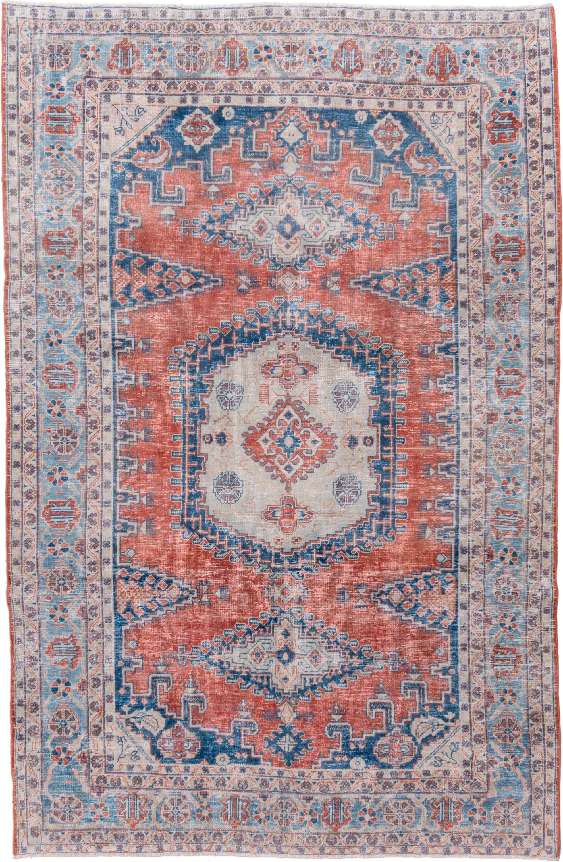 6' x 10' one-of-a-kind handmade vintage Veece large size rug. Color palette: terra cotta, sky blue, ivory, navy, coral