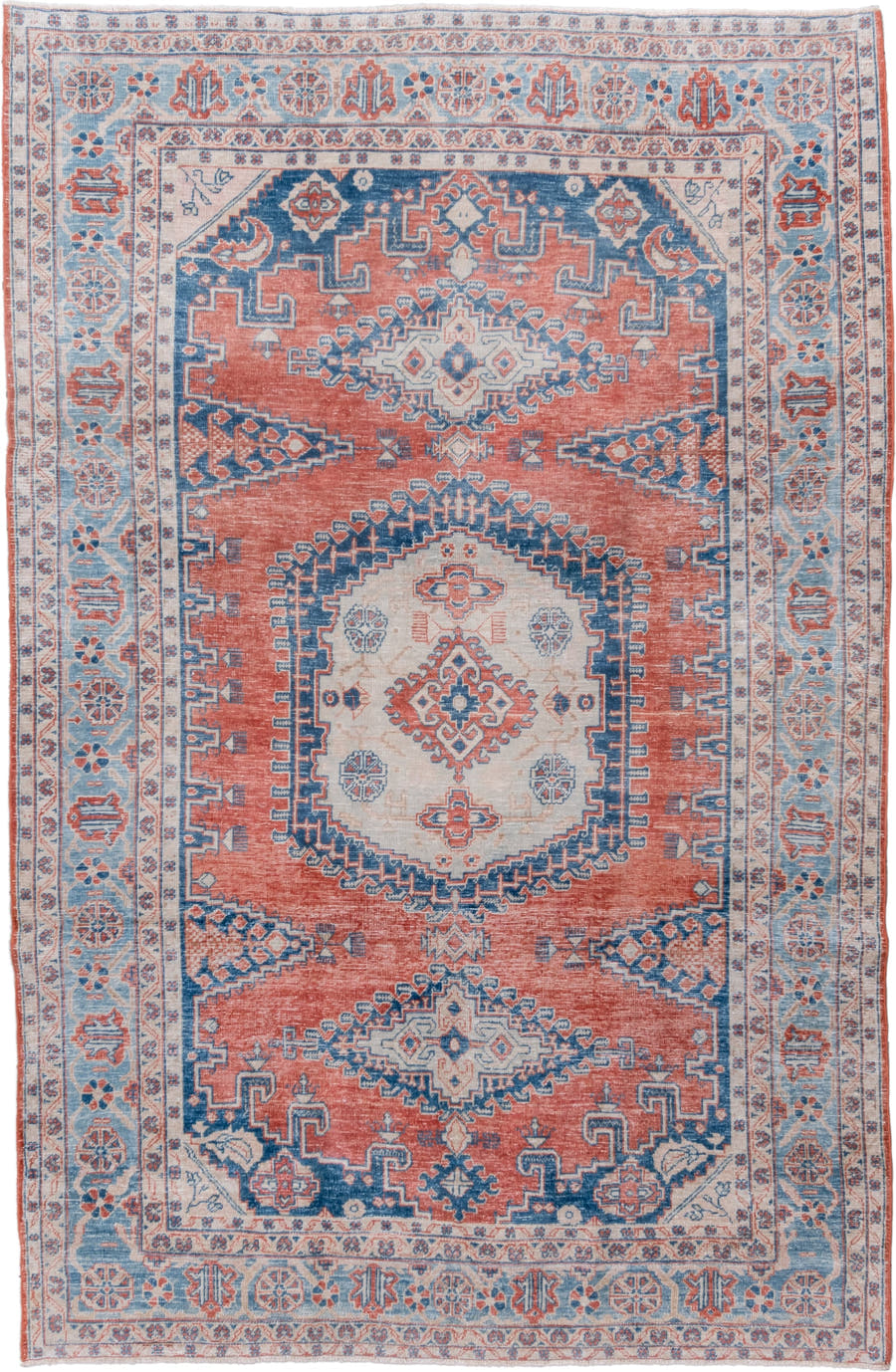 6' x 10' one-of-a-kind handmade vintage Veece large size rug. Color palette: terra cotta, sky blue, ivory, navy, coral