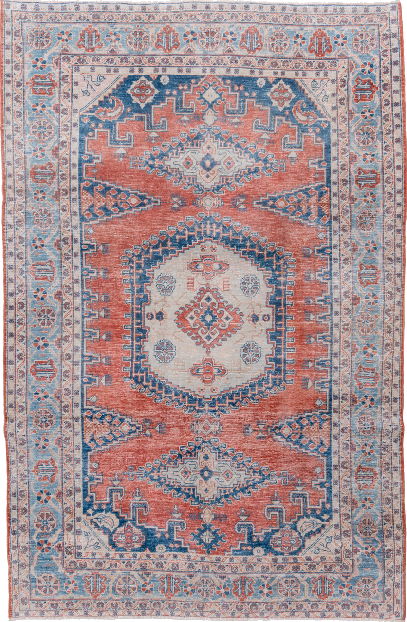 6' x 10' one-of-a-kind handmade vintage Veece large size rug. Color palette: blue, brown, dark gray, fiord, gainsboro, gray