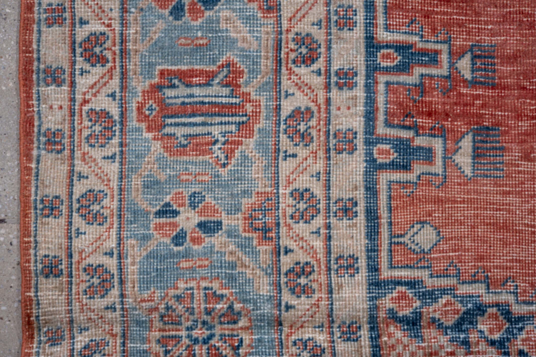 6' x 10' one-of-a-kind handmade vintage Veece large size rug. Color palette: terra cotta, sky blue, ivory, navy, coral