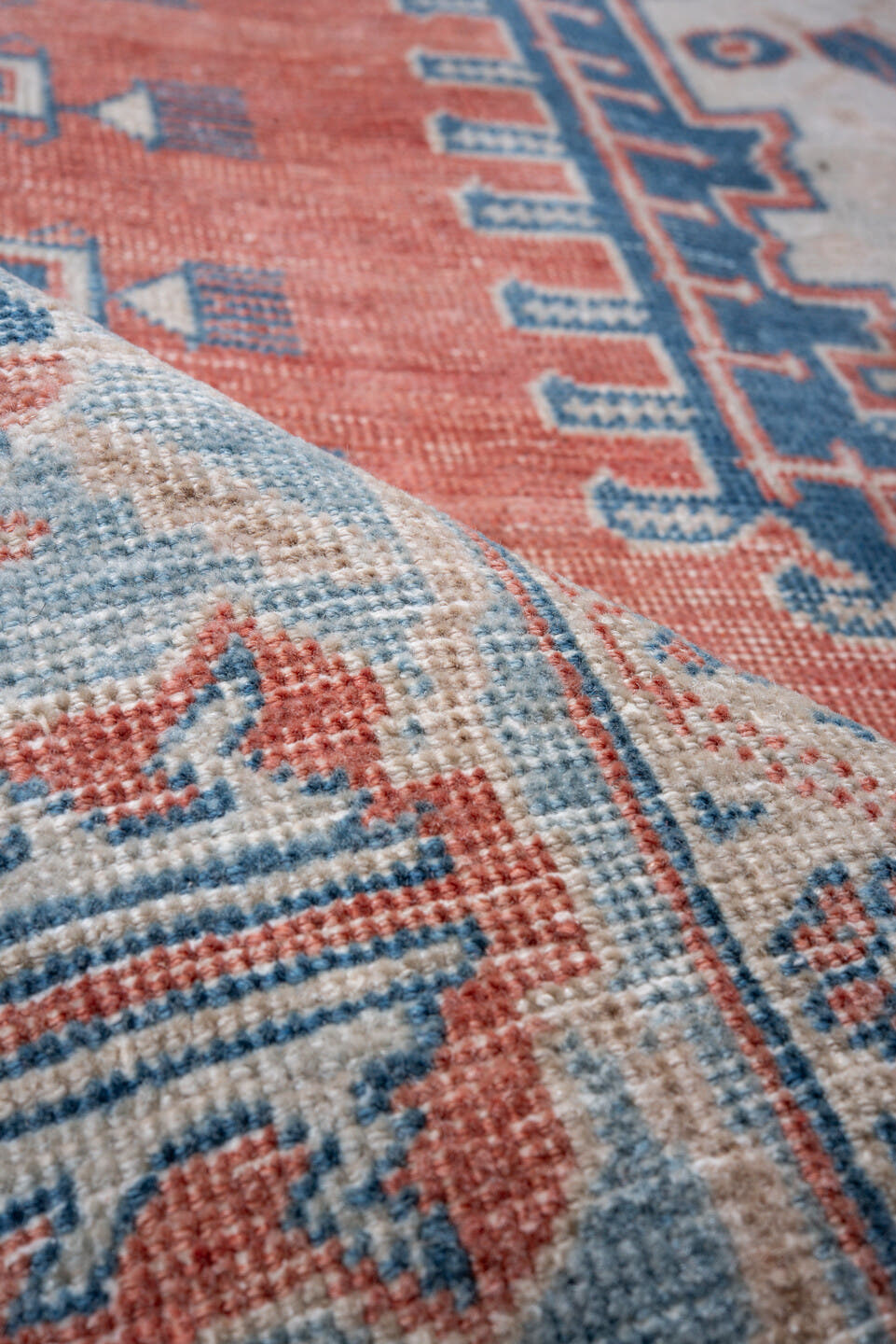 6' x 10' one-of-a-kind handmade vintage Veece large size rug. Color palette: terra cotta, sky blue, ivory, navy, coral