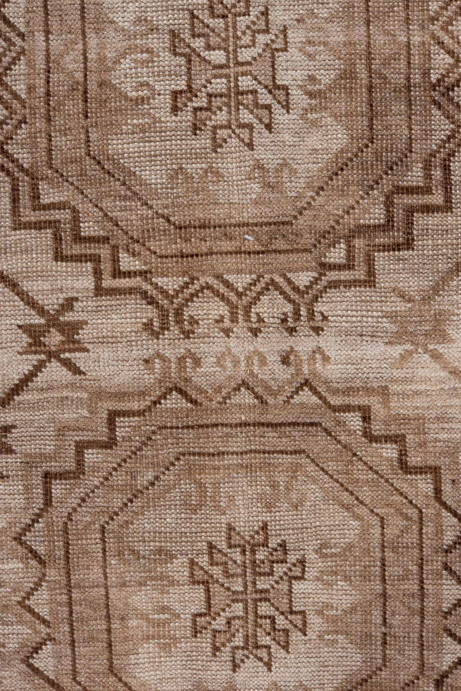 7' x 10' one-of-a-kind handmade antique Afghan large size rug. Color palette: taupe, camel, ivory, brown, beige, gray