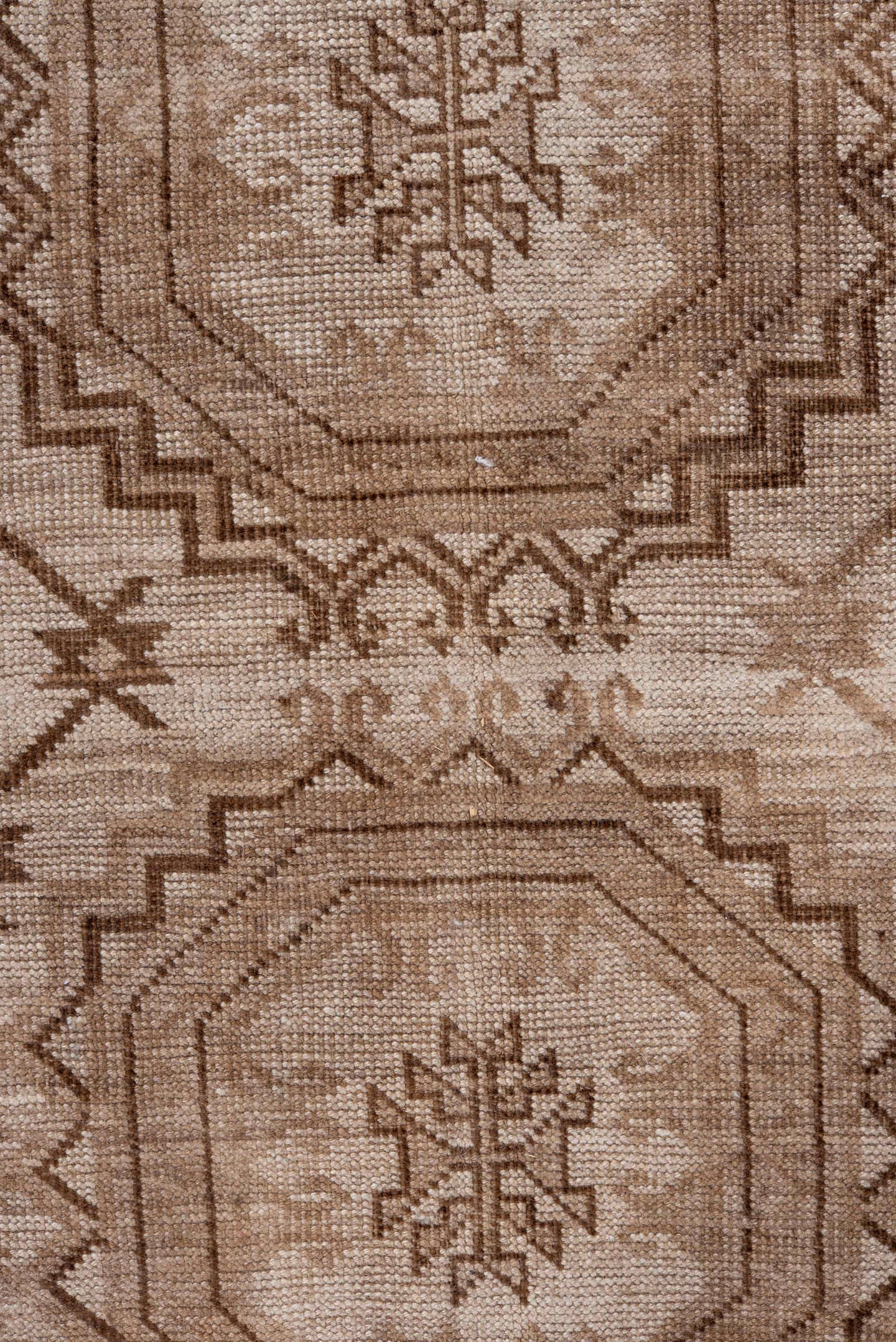 7' x 10' one-of-a-kind handmade antique Afghan large size rug. Color palette: taupe, camel, ivory, brown, beige, gray