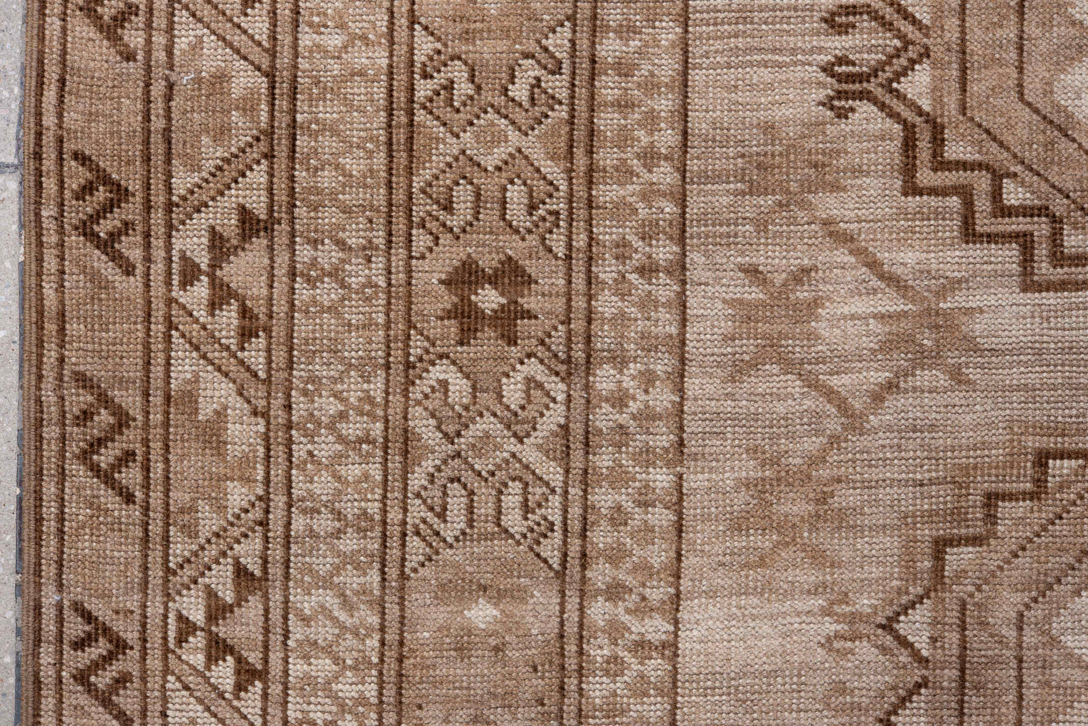 7' x 10' one-of-a-kind handmade antique Afghan large size rug. Color palette: taupe, camel, ivory, brown, beige, gray