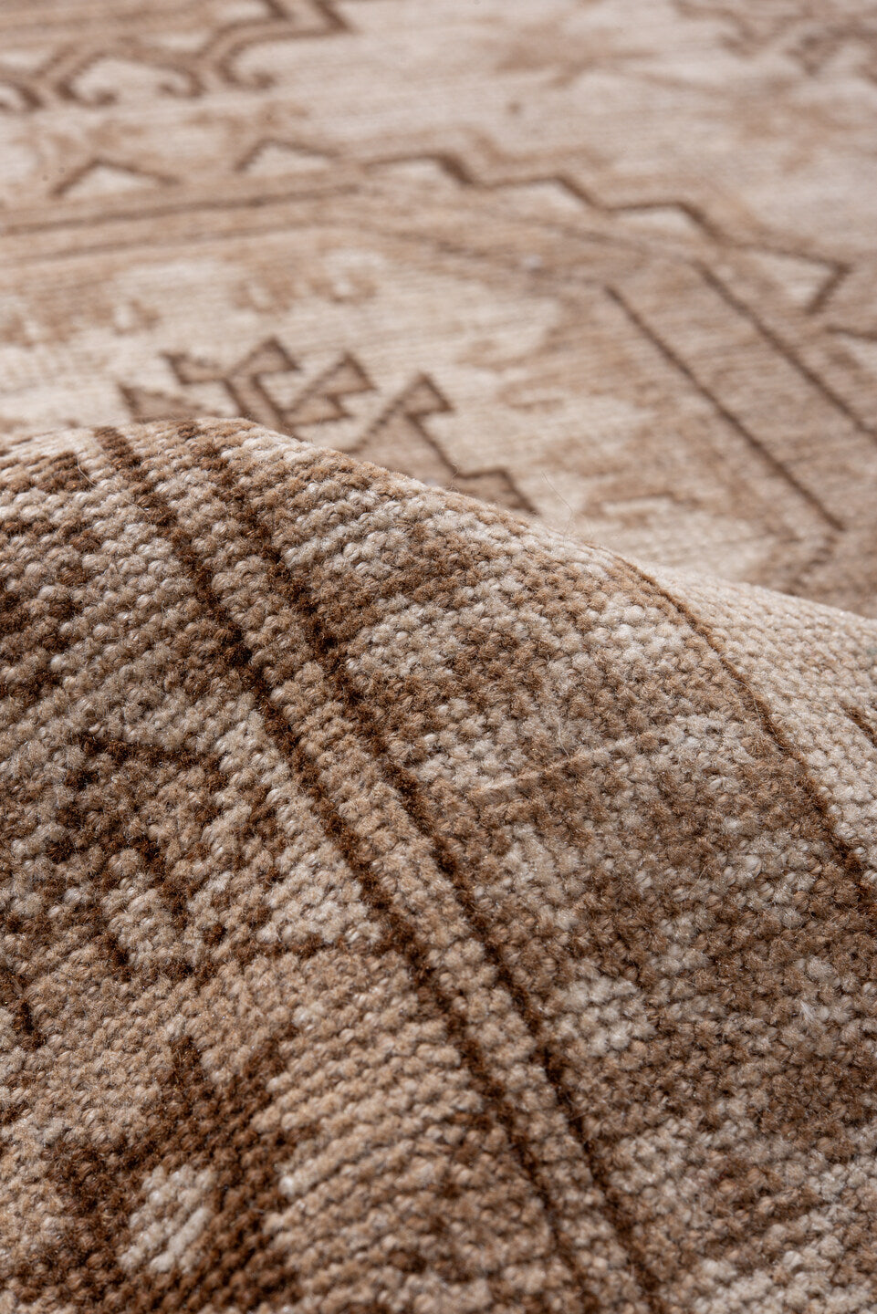7' x 10' one-of-a-kind handmade antique Afghan large size rug. Color palette: taupe, camel, ivory, brown, beige, gray
