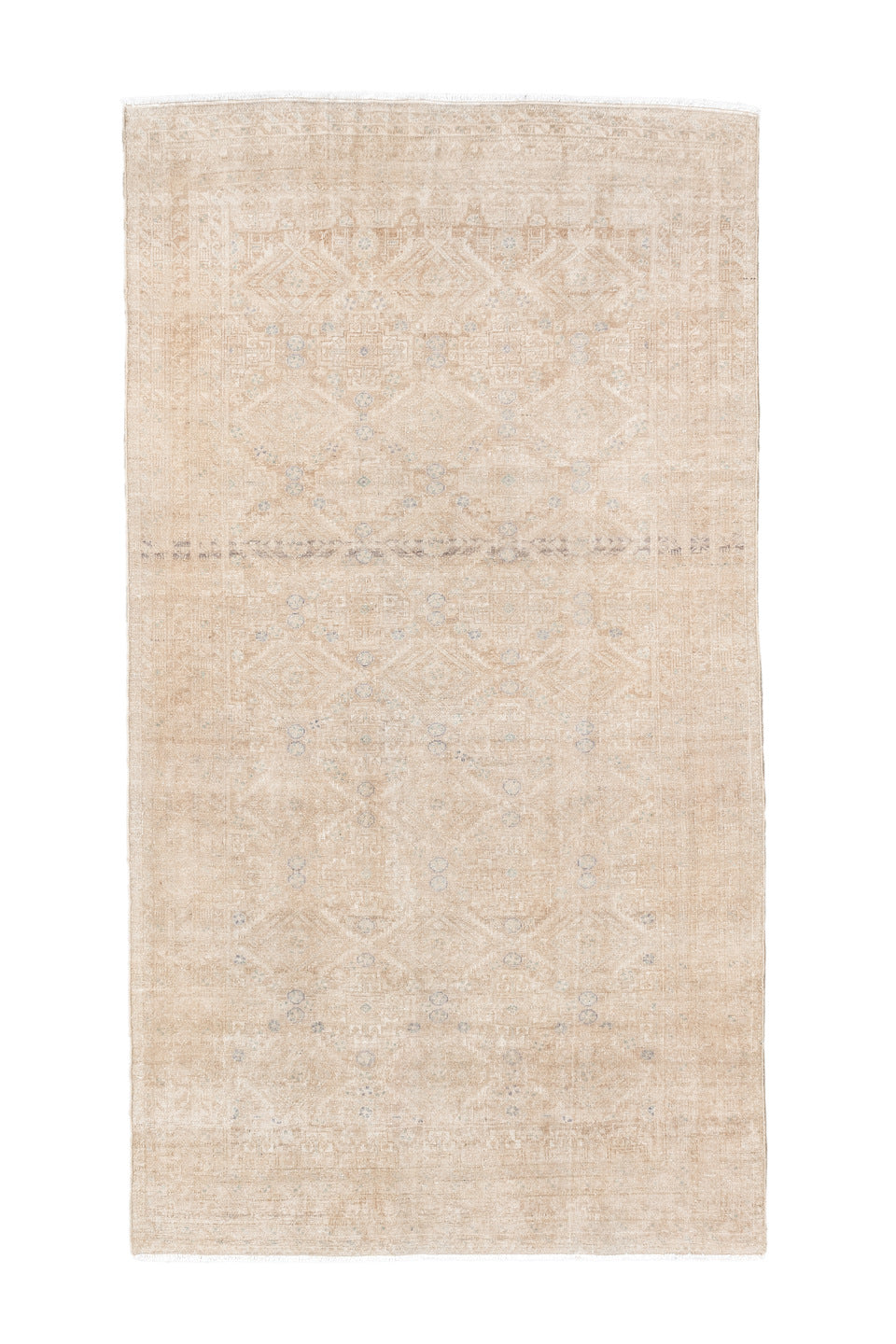 3' x 5' one-of-a-kind handmade vintage Belouch small size rug. Color palette: off-white, brown, orange, gray, light gray