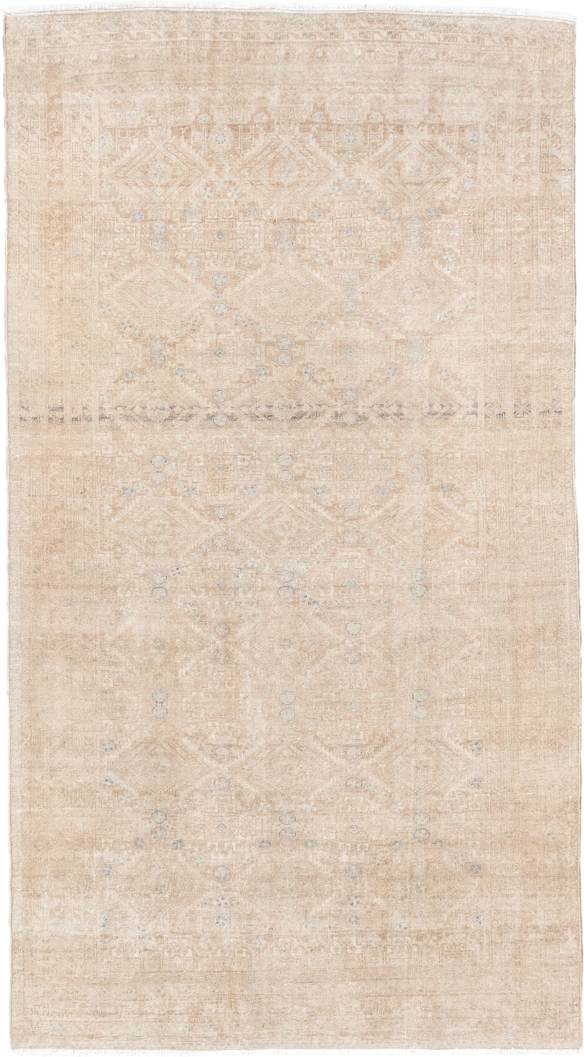 3' x 5' one-of-a-kind handmade antique Belouch small size rug. Color palette: ivory, sand, beige, pale blue, taupe, camel