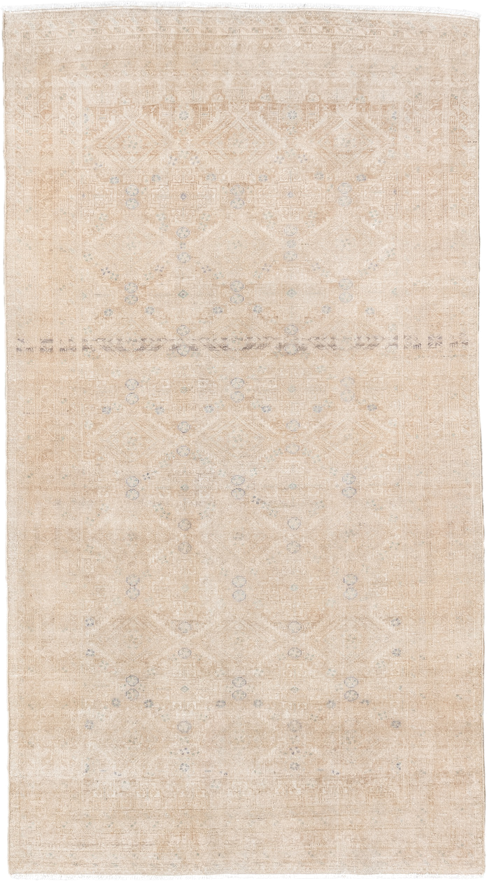3' x 5' one-of-a-kind handmade antique Belouch small size rug. Color palette: ivory, sand, beige, pale blue, taupe, camel