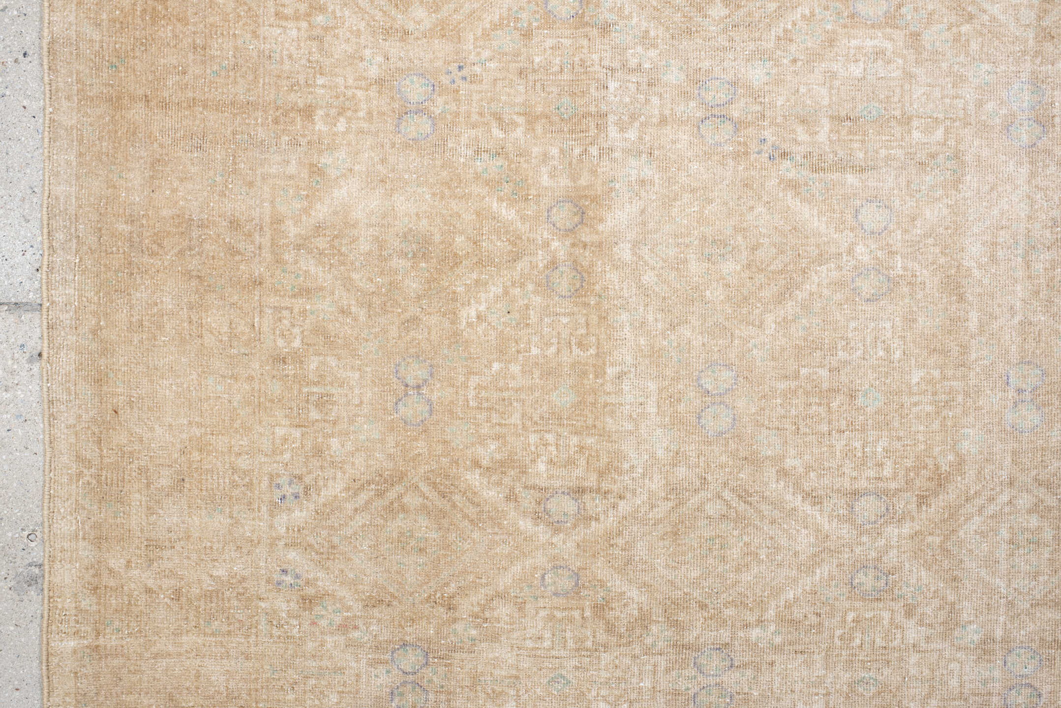 3' x 5' one-of-a-kind handmade antique Belouch small size rug. Color palette: ivory, sand, beige, pale blue, taupe, camel