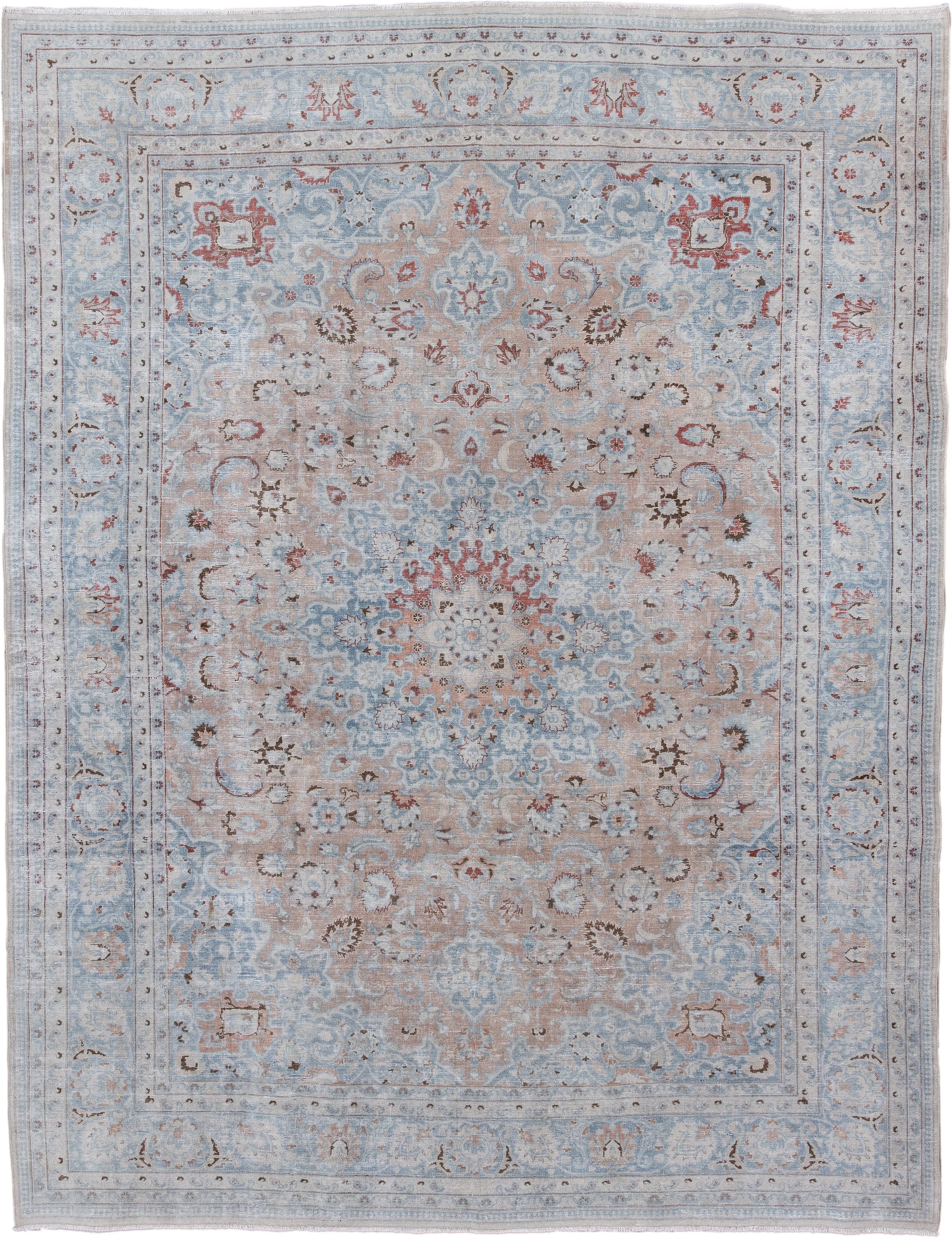 8' x 10' one-of-a-kind handmade antique Tabriz large size rug. Color palette: pale blue, ivory, blush, taupe, muted rust
