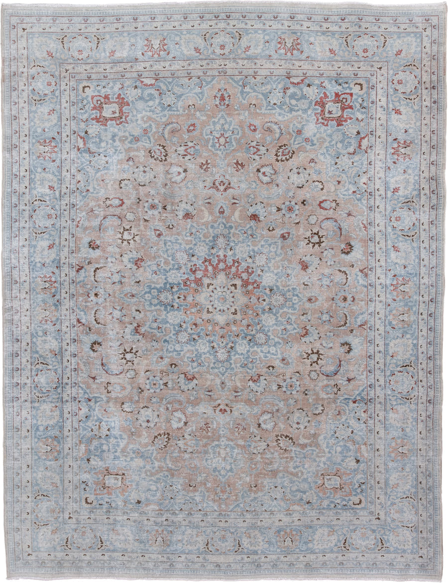 8' x 10' one-of-a-kind handmade antique Tabriz large size rug. Color palette: pale blue, ivory, blush, taupe, muted rust