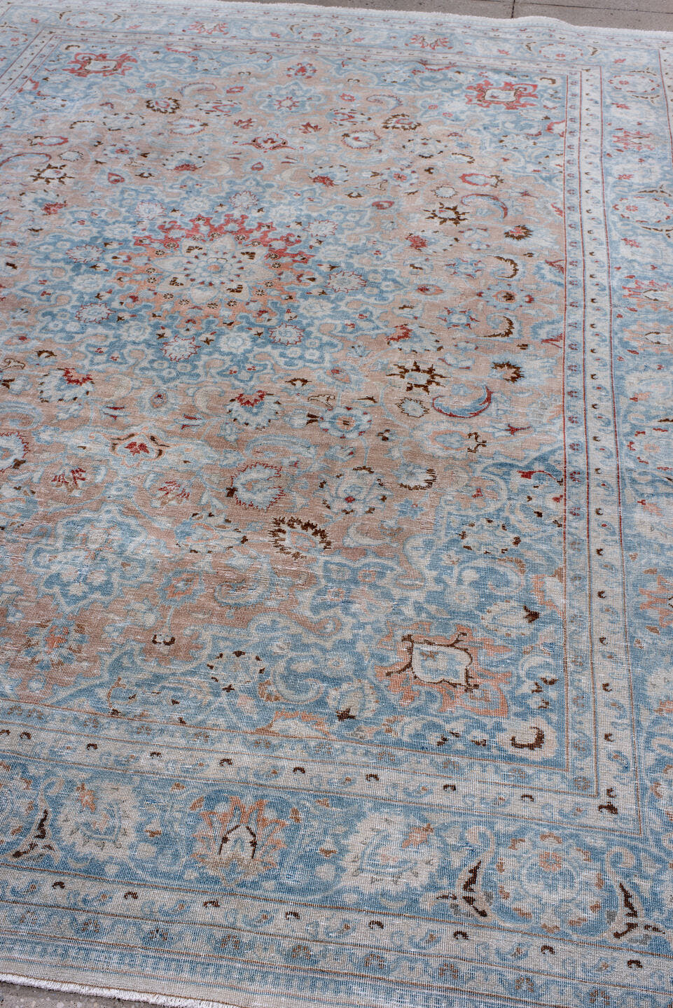8' x 10' one-of-a-kind handmade antique Tabriz large size rug. Color palette: pale blue, ivory, blush, taupe, muted rust