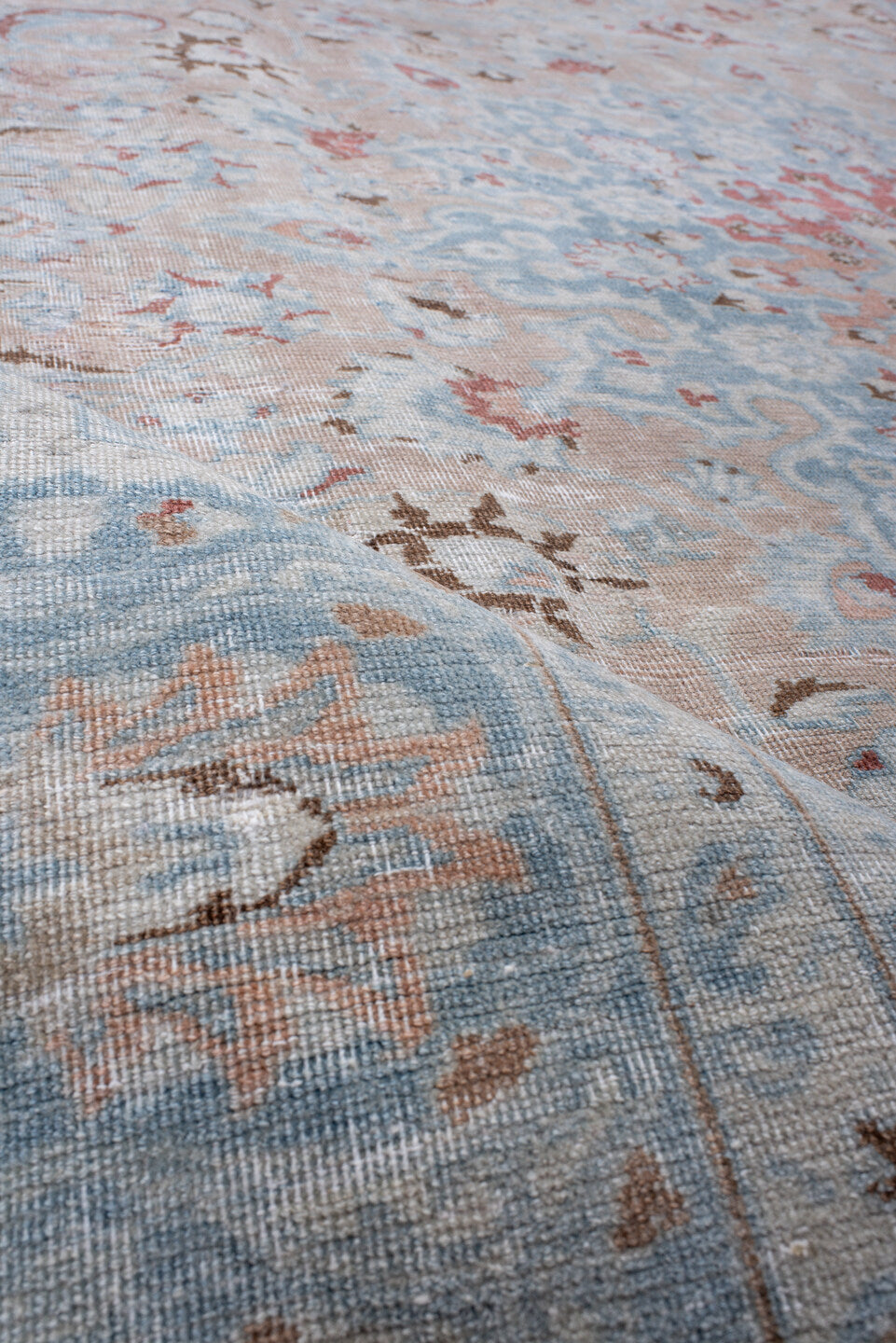 8' x 10' one-of-a-kind handmade antique Tabriz large size rug. Color palette: pale blue, ivory, blush, taupe, muted rust