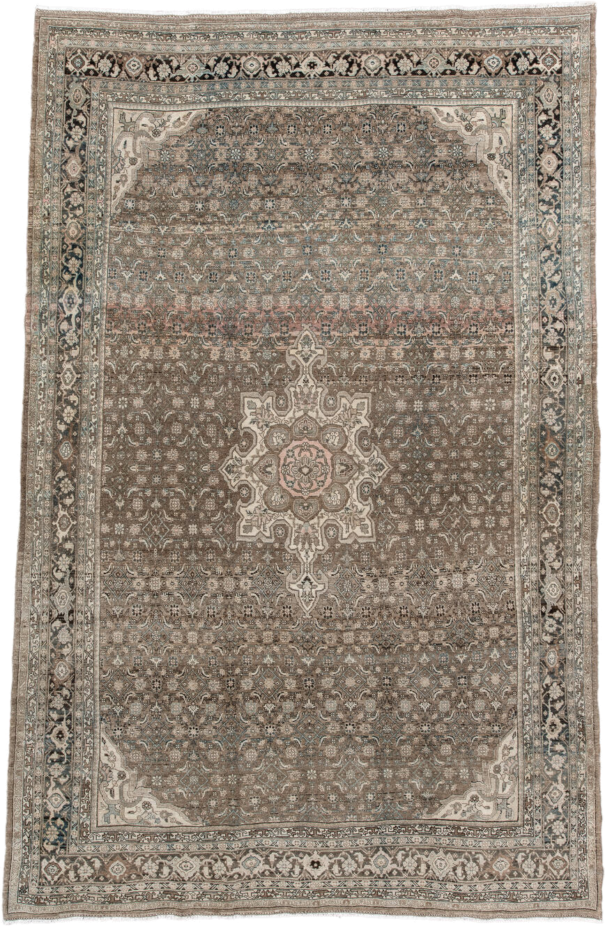 7' x 10' one-of-a-kind handmade antique Bidjar large size rug. Color palette: taupe, ivory, slate, charcoal, rose, beige