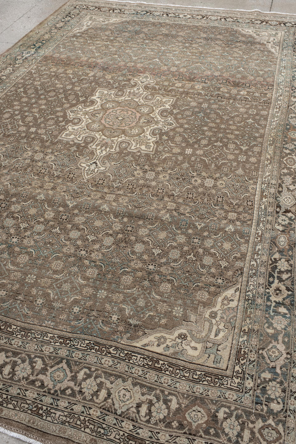 7' x 10' one-of-a-kind handmade antique Bidjar large size rug. Color palette: taupe, ivory, slate, charcoal, rose, beige