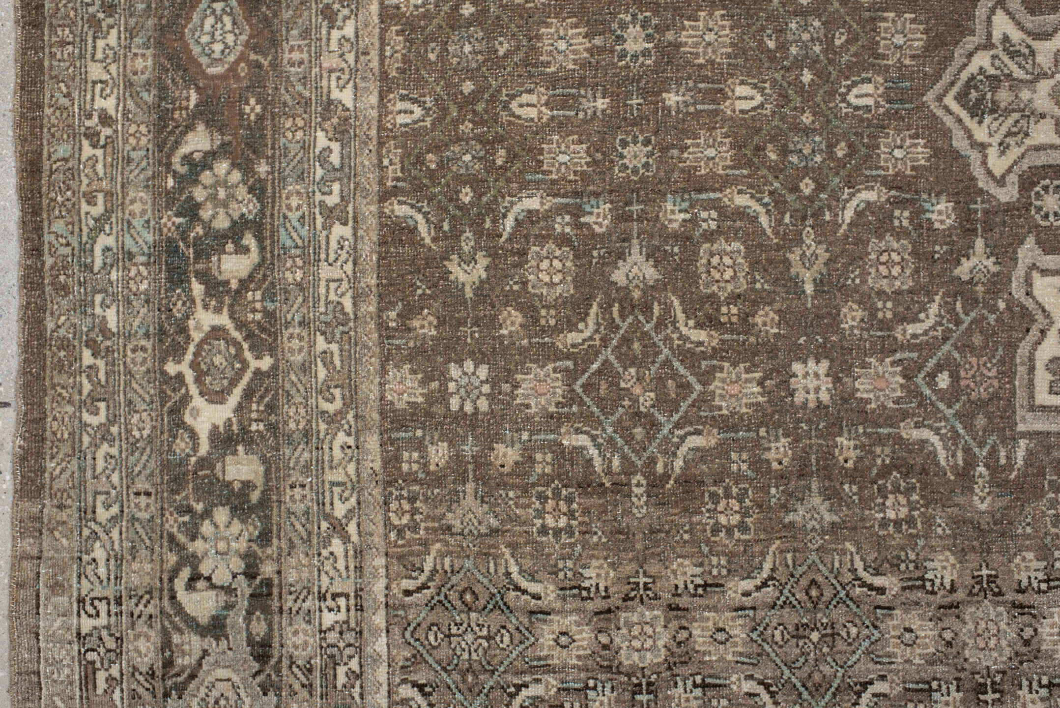 7' x 10' one-of-a-kind handmade antique Bidjar large size rug. Color palette: taupe, ivory, slate, charcoal, rose, beige