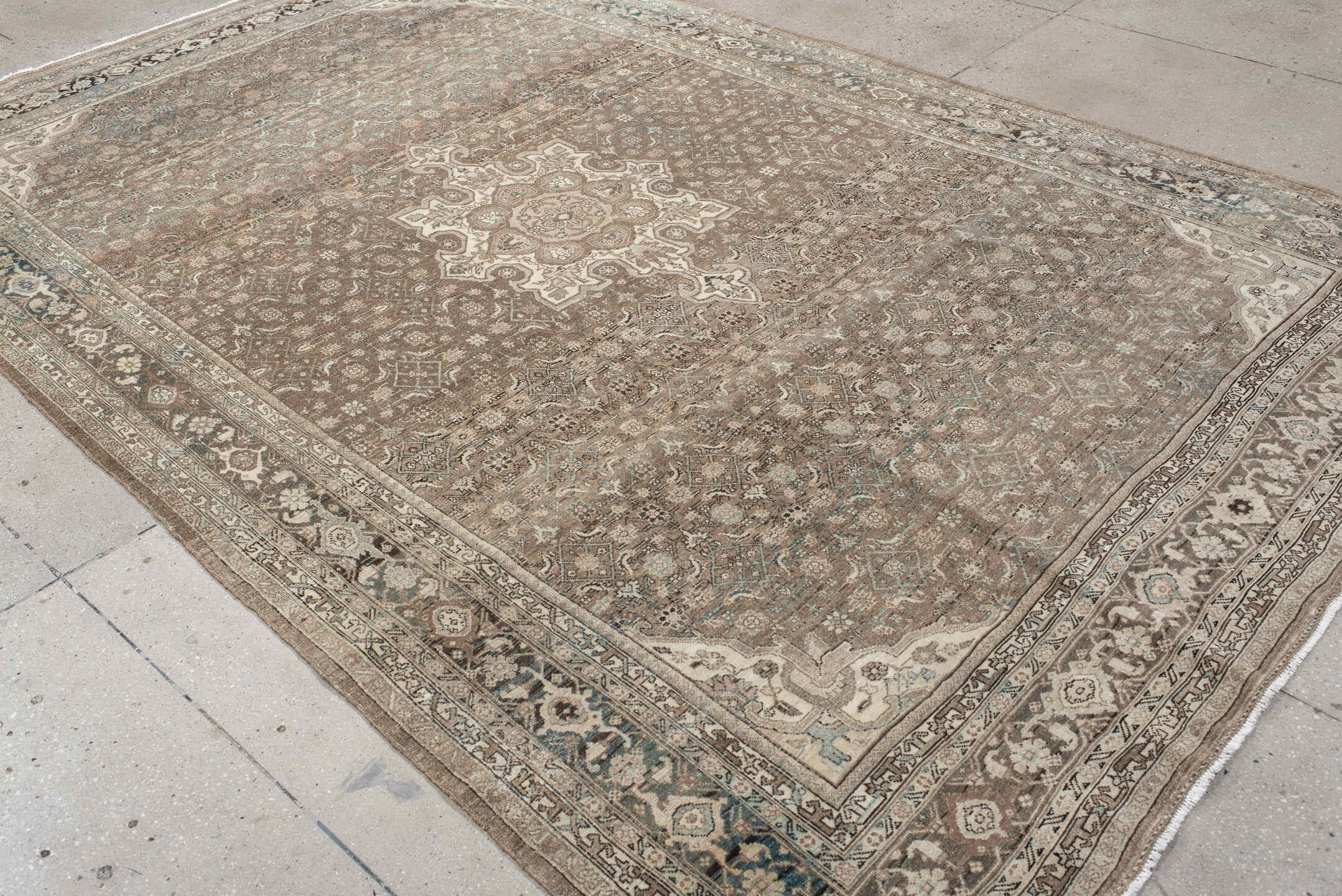7' x 10' one-of-a-kind handmade antique Bidjar large size rug. Color palette: taupe, ivory, slate, charcoal, rose, beige