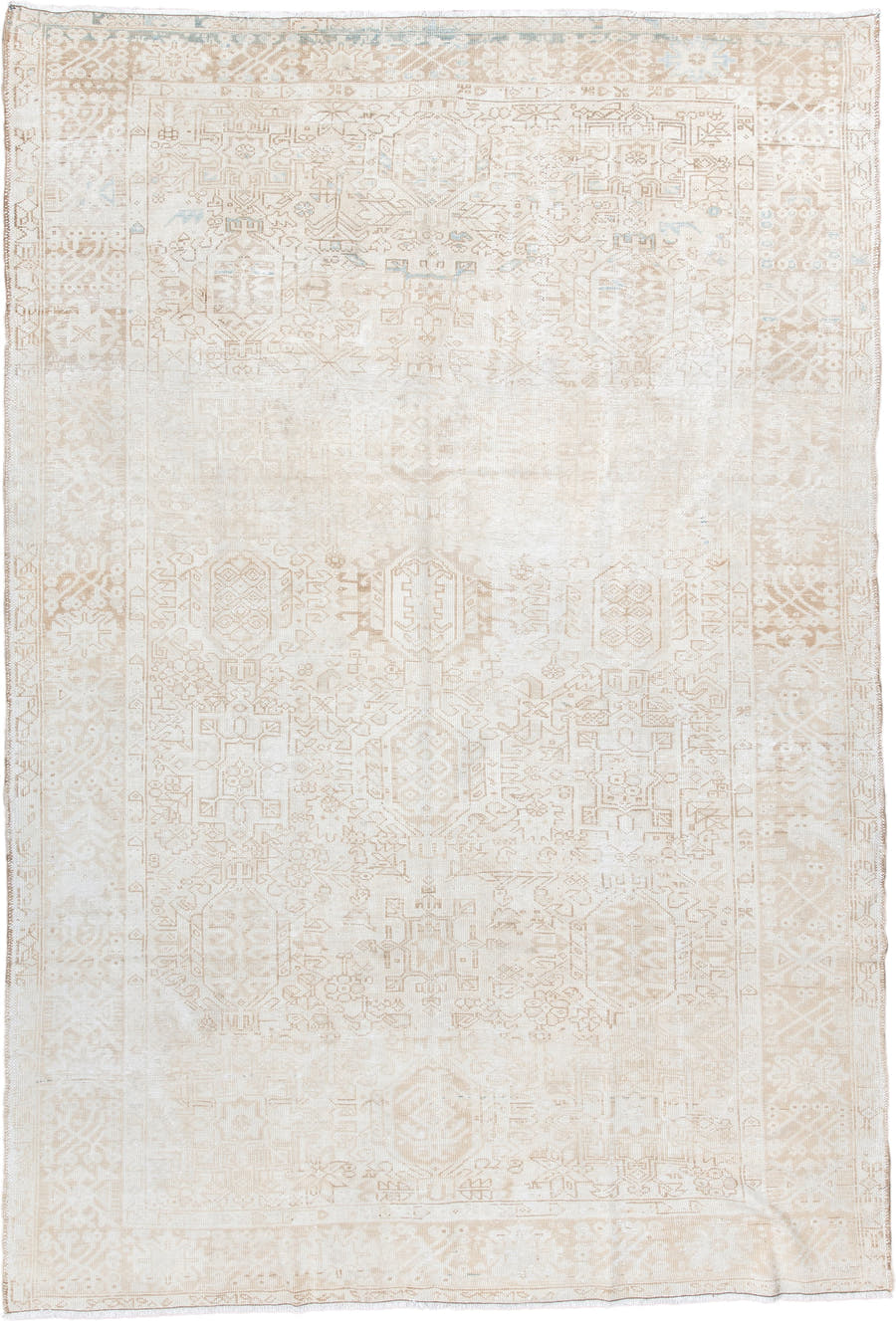 7' x 10' one-of-a-kind handmade antique Heriz large size rug. Color palette: ivory, cream, beige, sand, pale blue, taupe