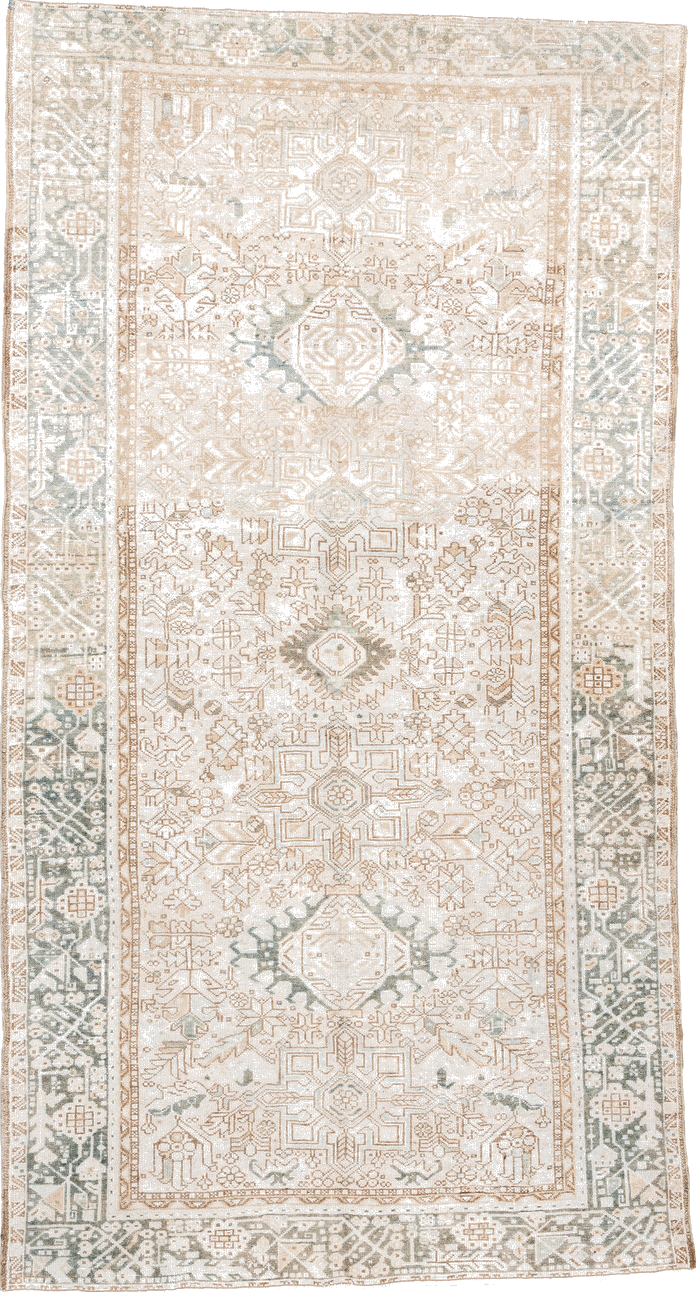 4' x 8' one-of-a-kind handmade vintage Karaje rug. Color palette: antiquewhite, brown, gainsboro, ghost white, gray