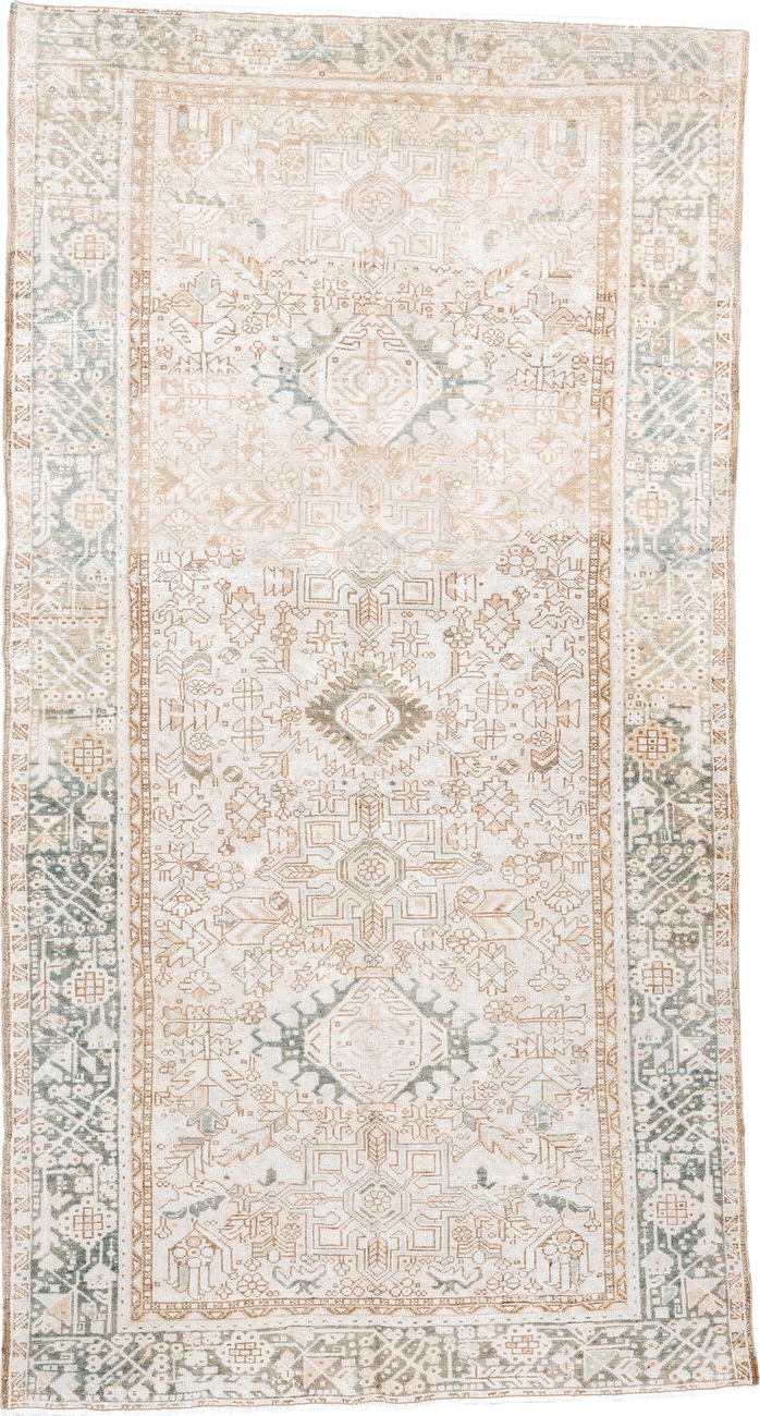 4' x 8' one-of-a-kind handmade antique Karaje rug. Color palette: ivory, beige, sage, taupe, camel, pale blue, green, gray