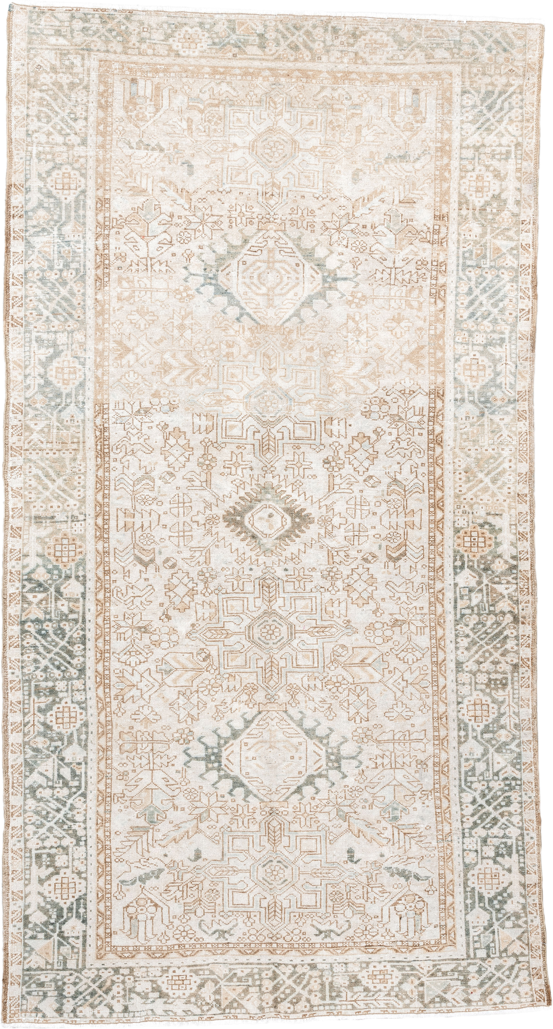 4' x 8' one-of-a-kind handmade antique Karaje rug. Color palette: ivory, beige, sage, taupe, camel, pale blue, green, gray