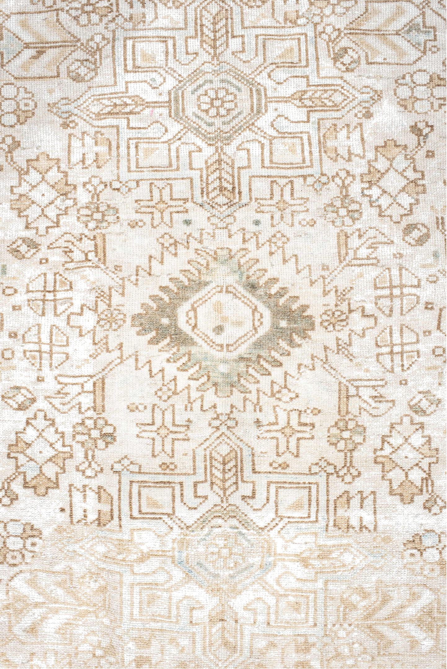 4' x 8' one-of-a-kind handmade vintage Karaje rug. Color palette: antiquewhite, brown, gainsboro, ghost white, gray