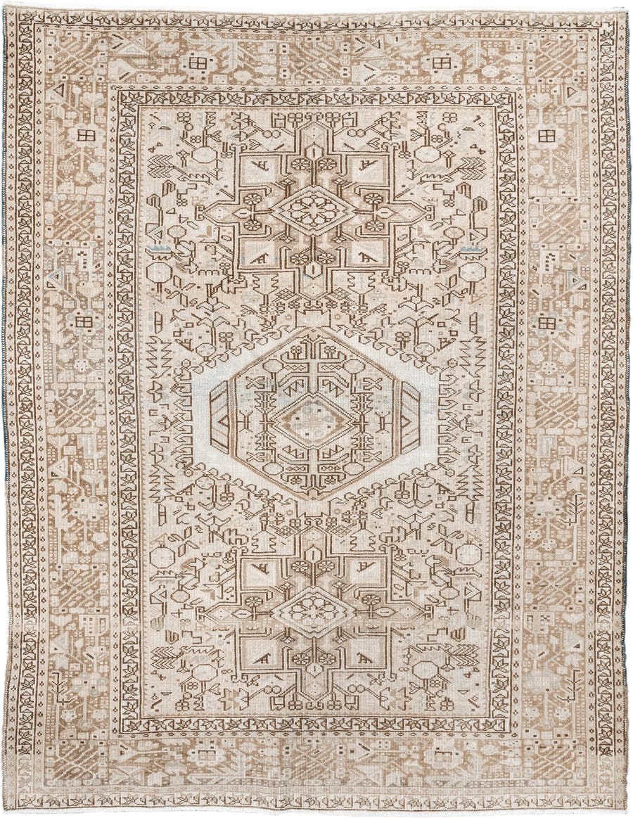 5' x 6' one-of-a-kind handmade antique Karaje rug. Color palette: ivory, taupe, beige, camel, sand, light brown, gray, brown