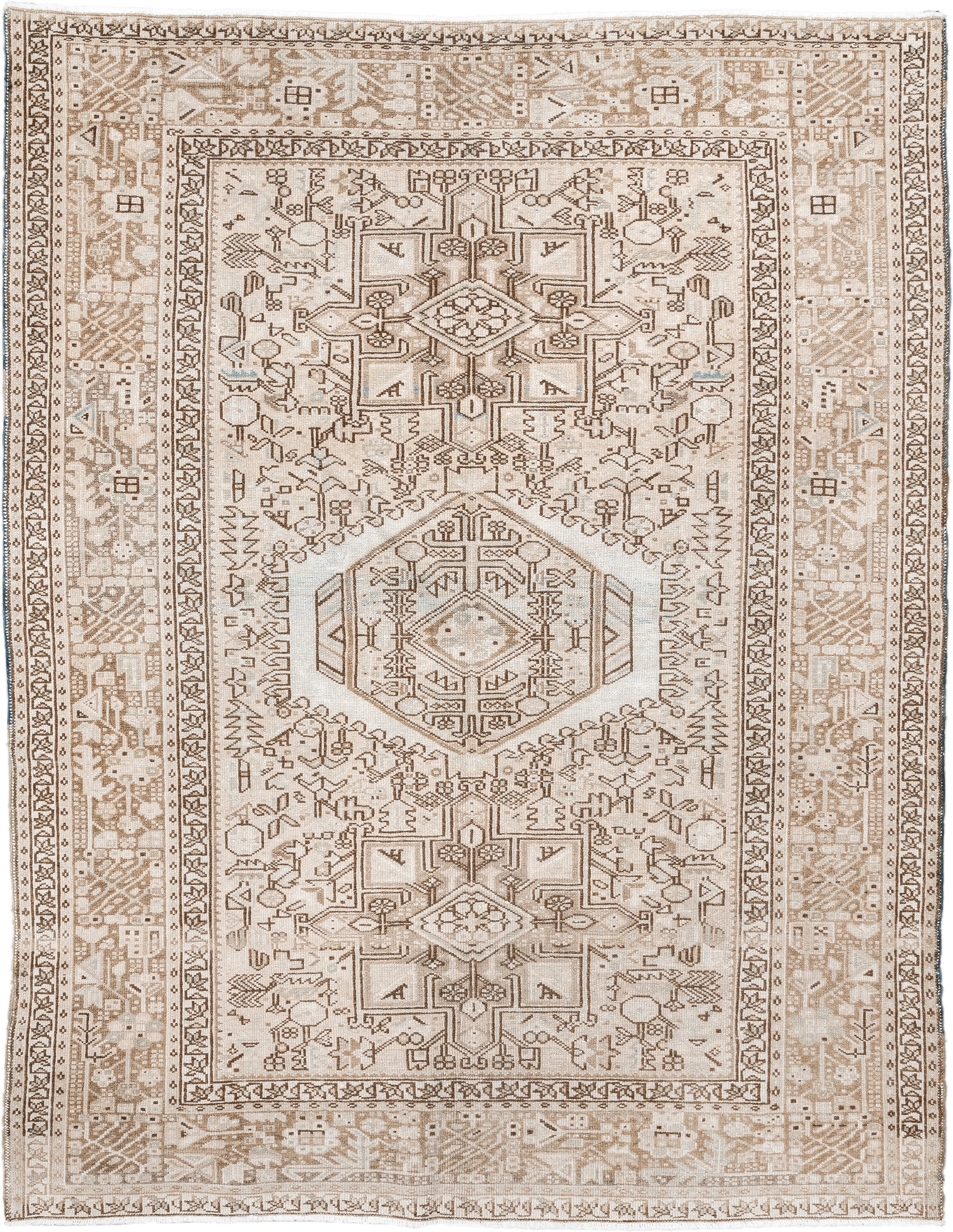 5' x 6' one-of-a-kind handmade antique Karaje rug. Color palette: ivory, taupe, beige, camel, sand, light brown, gray, brown