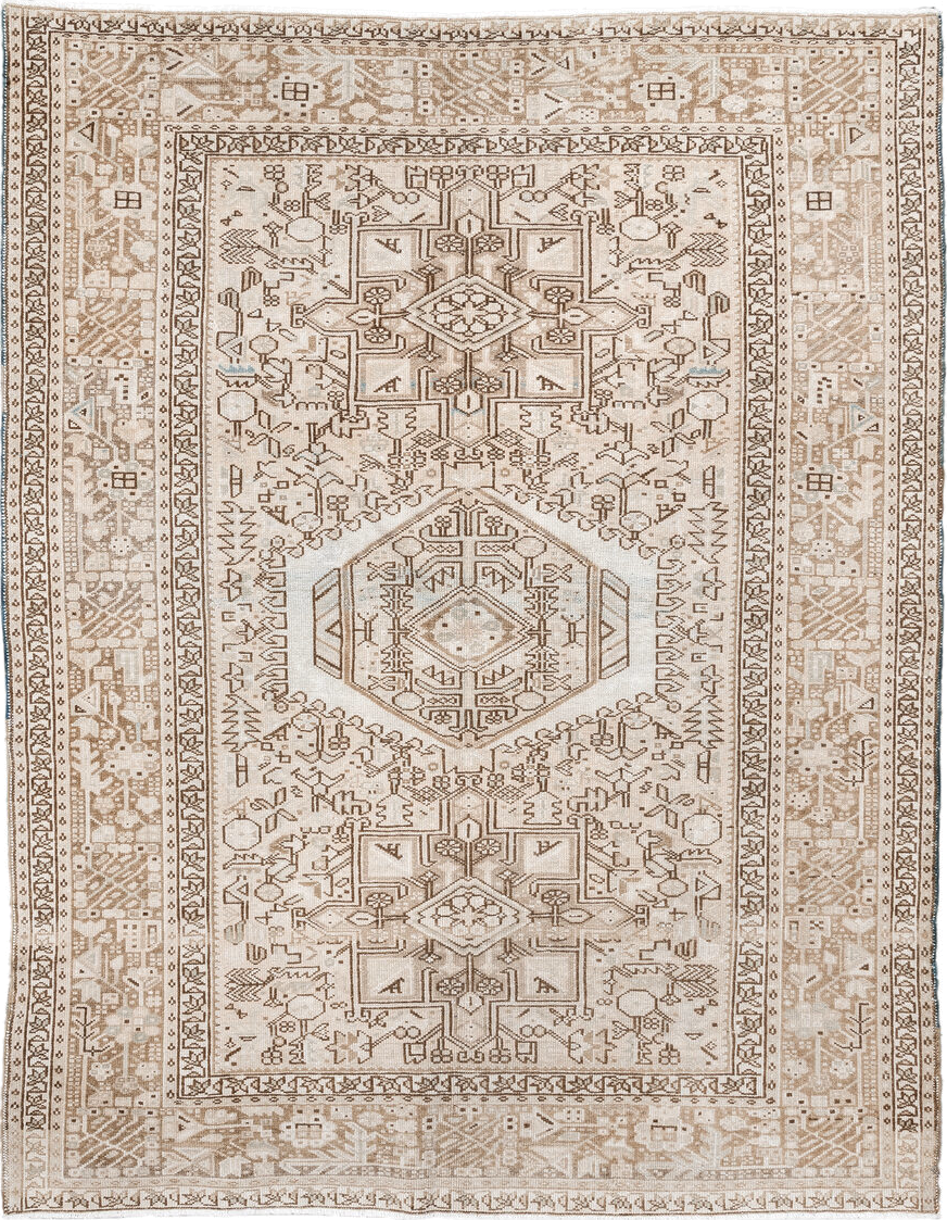 5' x 6' one-of-a-kind handmade antique Karaje rug. Color palette: ivory, taupe, beige, camel, sand, light brown, gray, brown