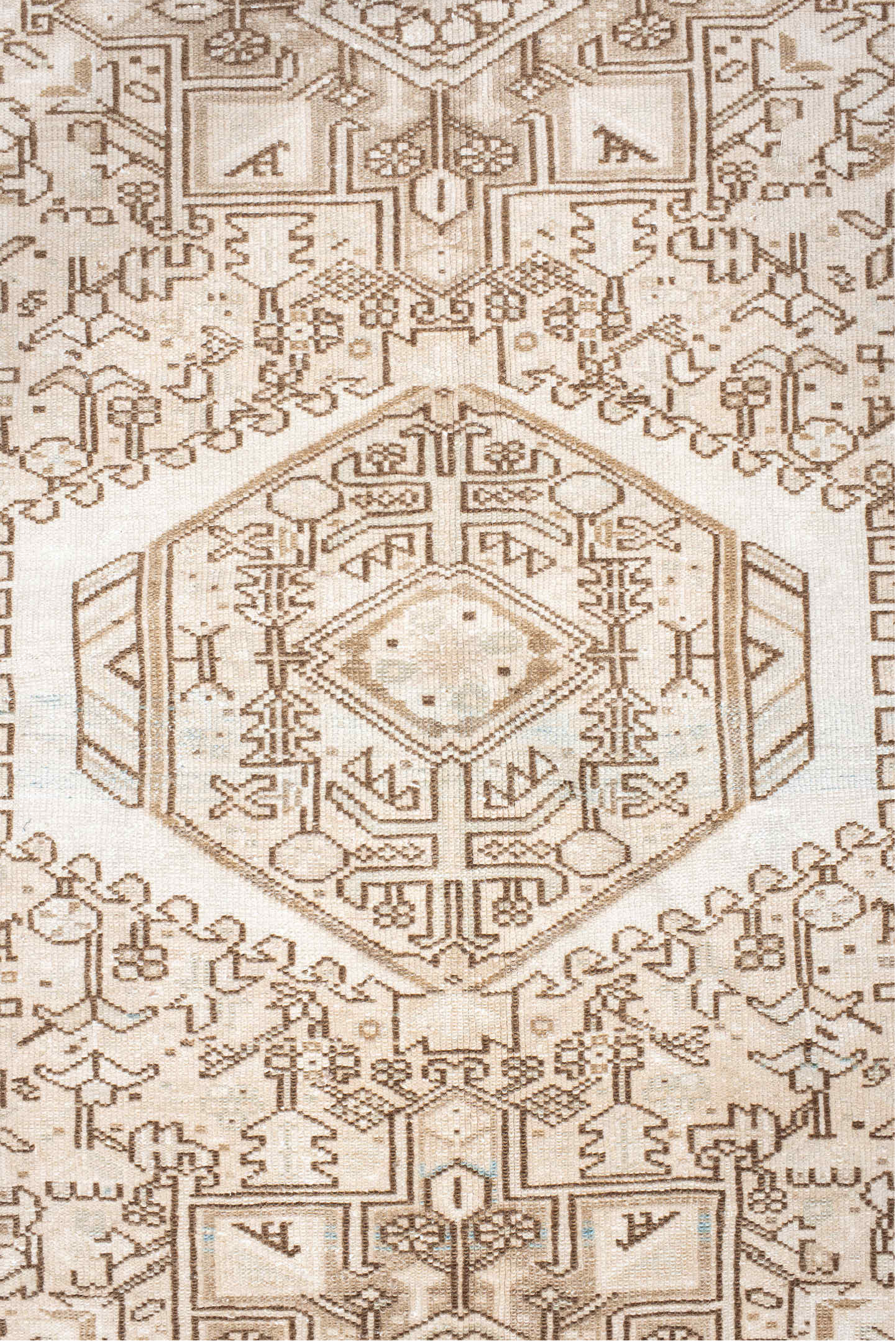 5' x 6' one-of-a-kind handmade antique Karaje rug. Color palette: ivory, taupe, beige, camel, sand, light brown, gray, brown