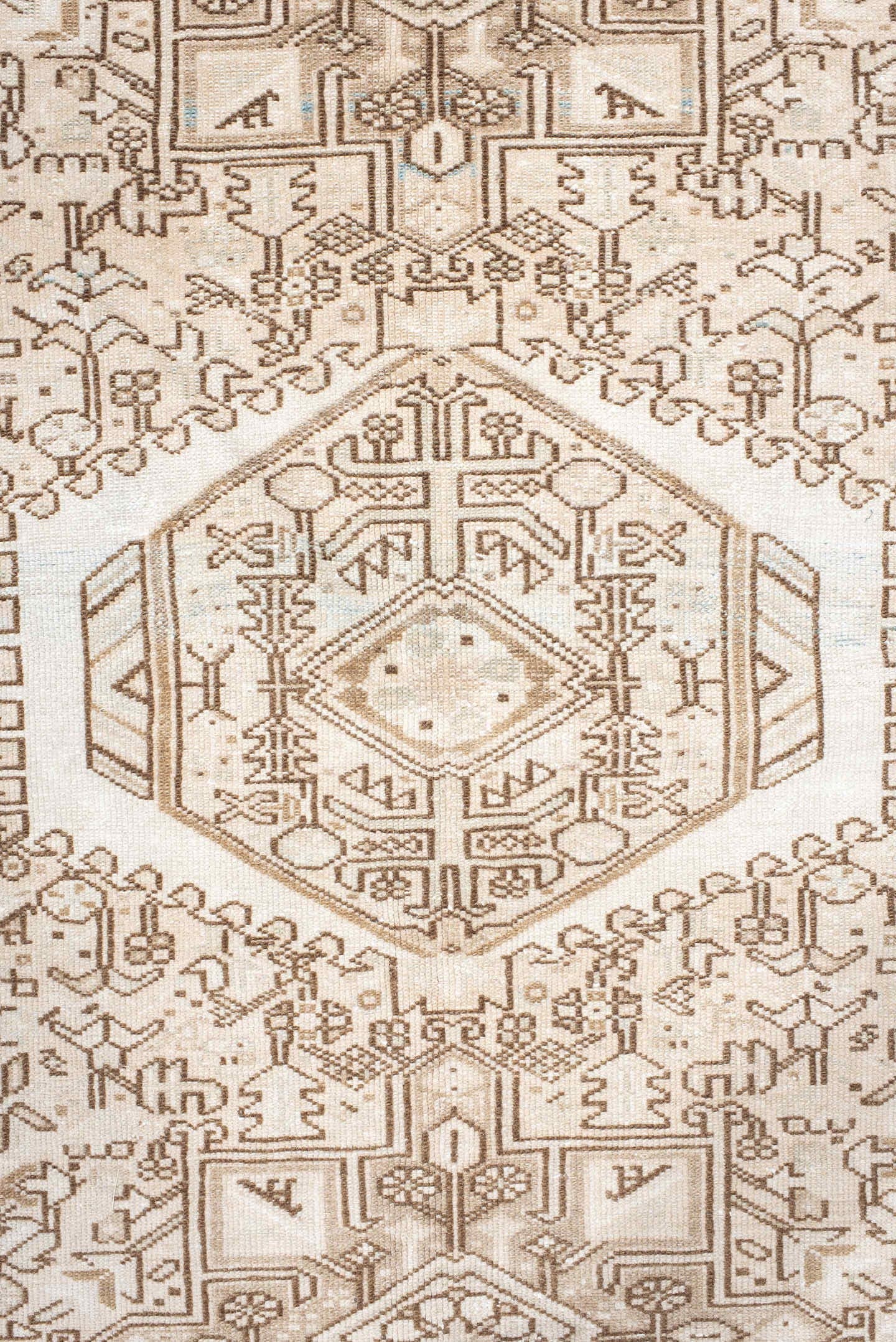 5' x 6' one-of-a-kind handmade antique Karaje rug. Color palette: ivory, taupe, beige, camel, sand, light brown, gray, brown