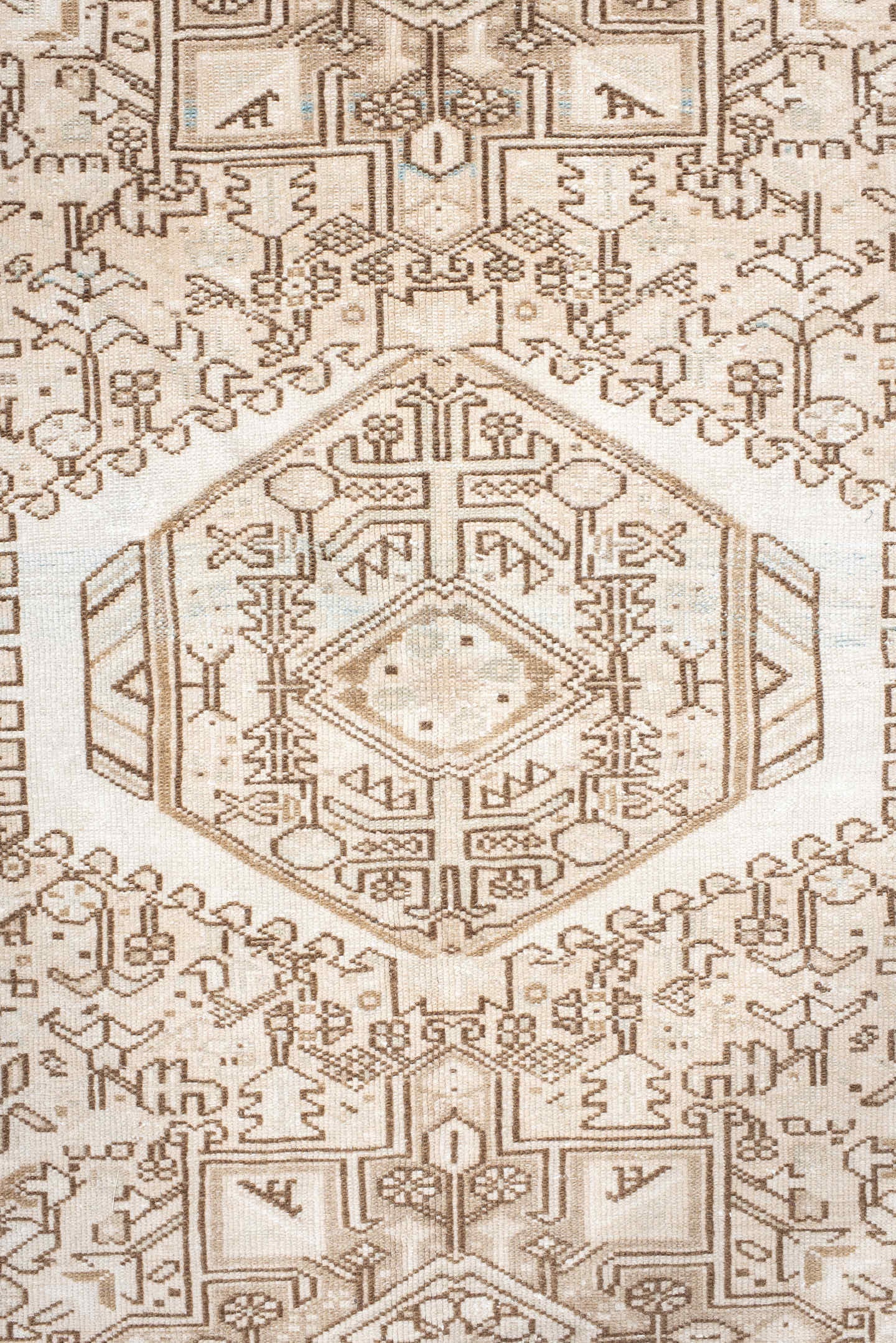 5' x 6' one-of-a-kind handmade antique Karaje rug. Color palette: ivory, taupe, beige, camel, sand, light brown, gray, brown
